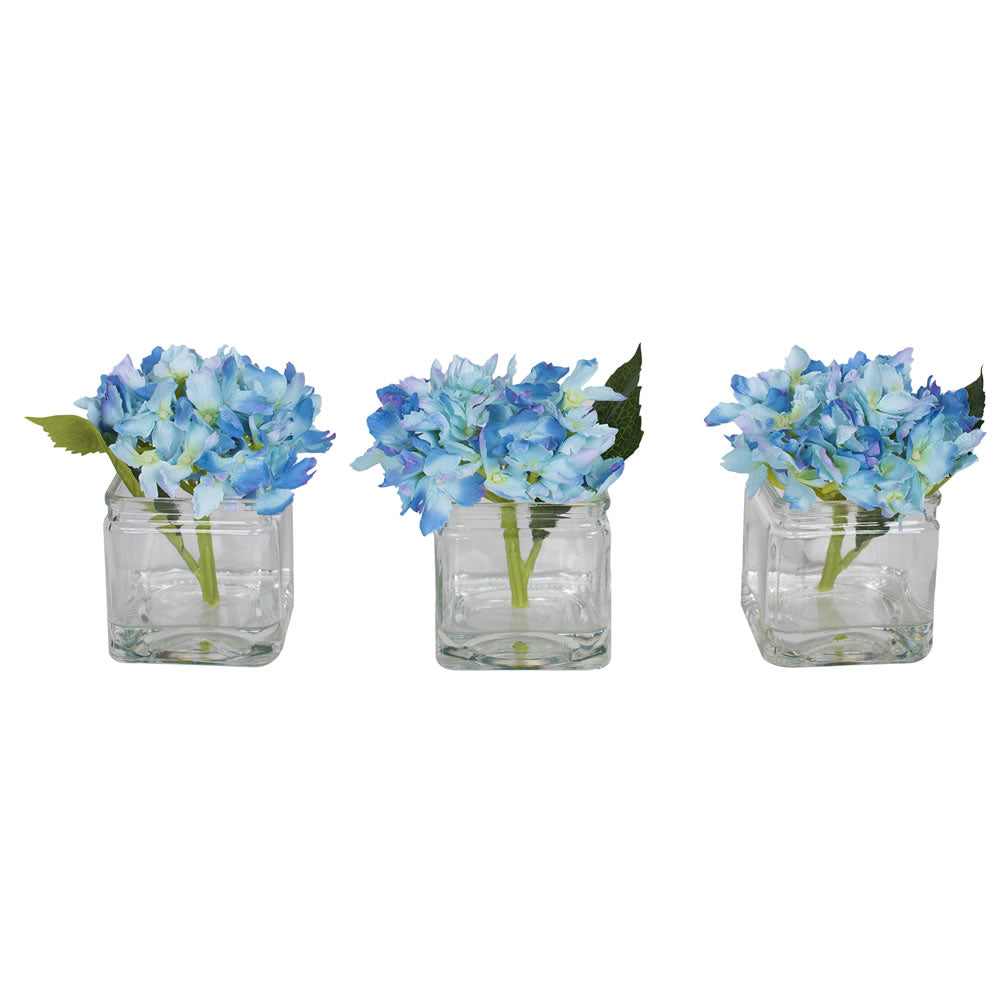 Vickerman 5″ Blue Hydrangea in Glass Cube 3/Set - F12238