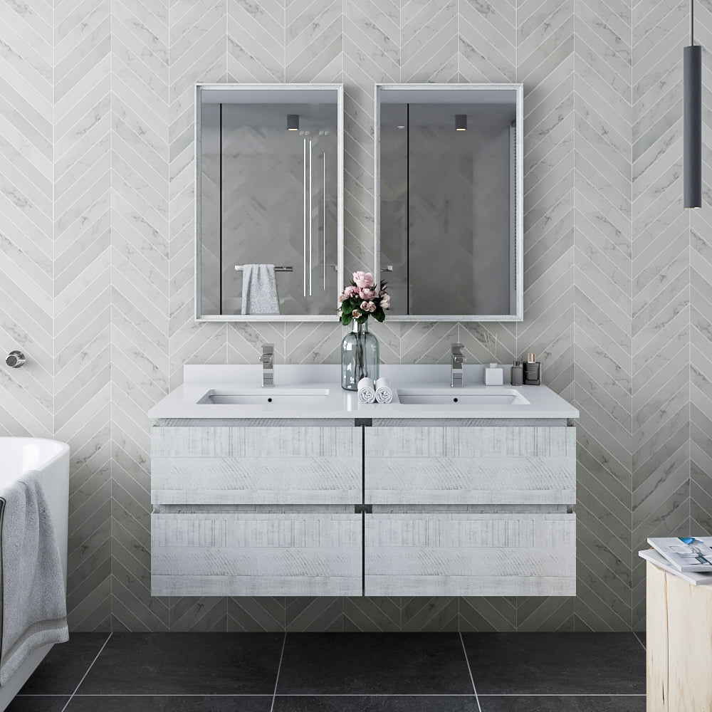 Fresca Formosa 48 Wall Hung Double Sink Modern Bathroom Cabinet W/ Top & Sinks In Rustic White
