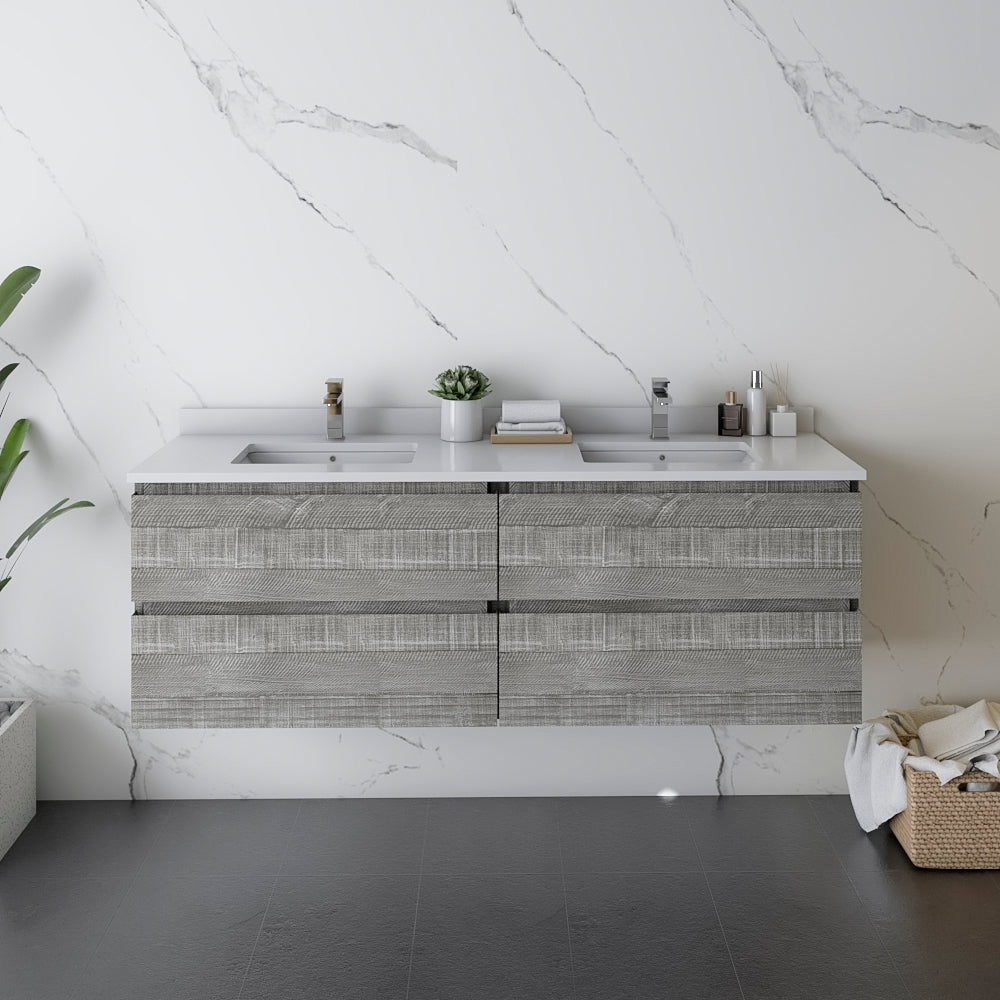 Fresca Formosa 60 Wall Hung Double Sink Modern Bathroom Cabinet W/ Top & Sinks In Ash