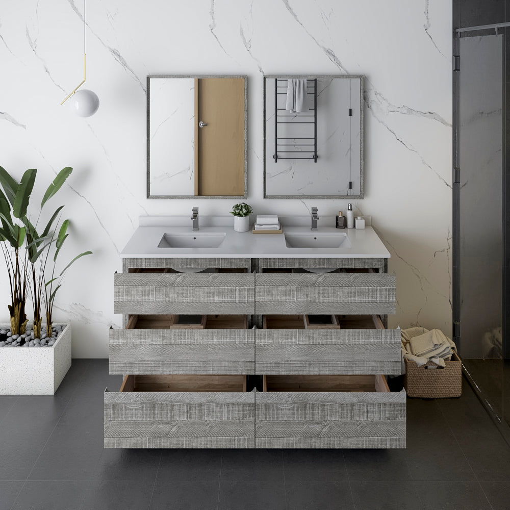 Fresca Formosa 60 Floor Standing Double Sink Modern Bathroom Cabinet W/ Top & Sinks In Ash