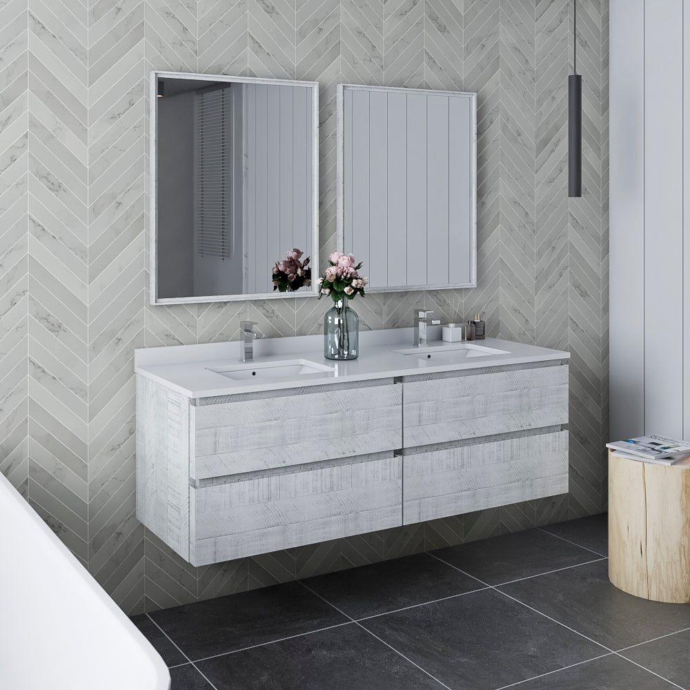 Fresca Formosa 60 Wall Hung Double Sink Modern Bathroom Cabinet W/ Top & Sinks In Rustic White