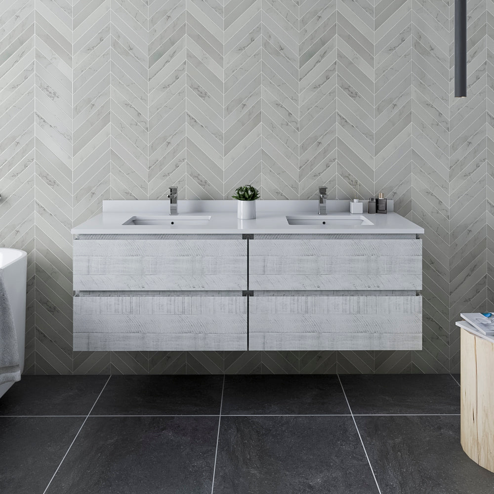 Fresca Formosa 58 Wall Hung Double Sink Modern Bathroom Cabinet In Rustic White