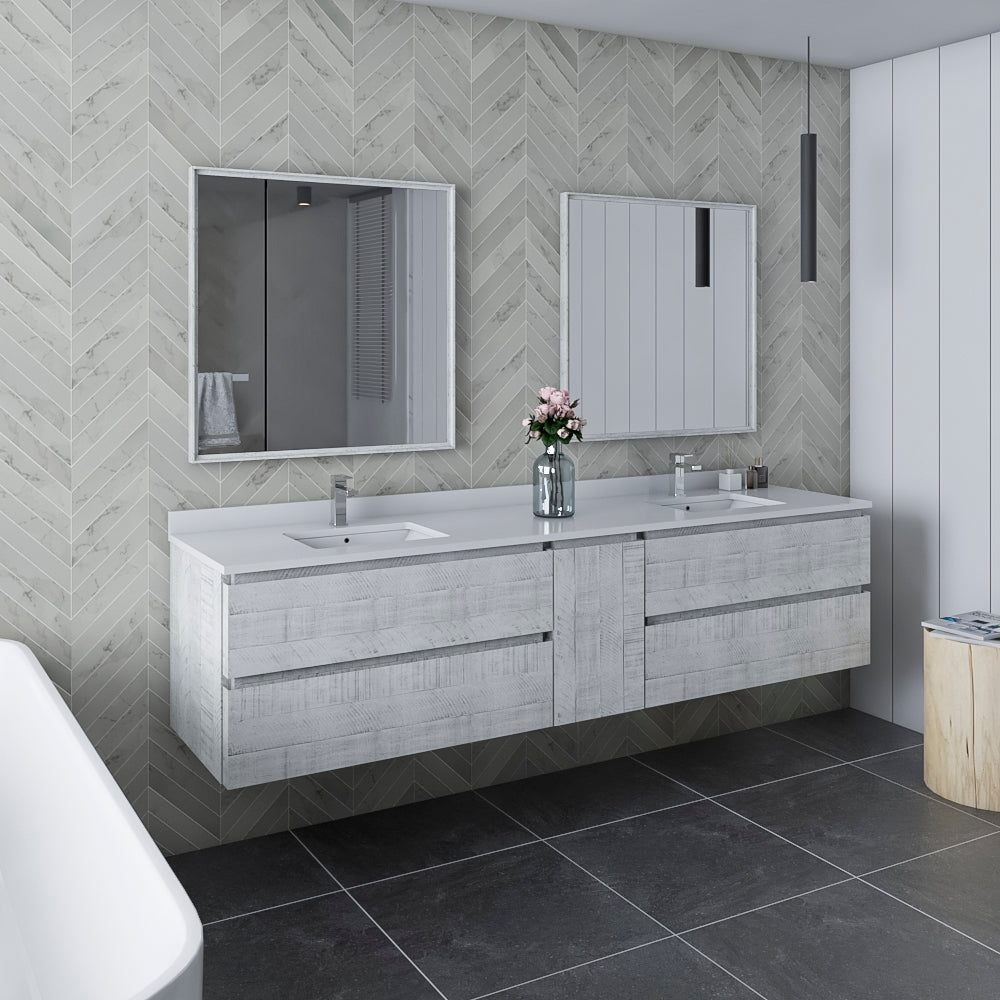 Fresca Formosa 84 Wall Hung Double Sink Modern Bathroom Cabinet W/ Top & Sinks In Rustic White