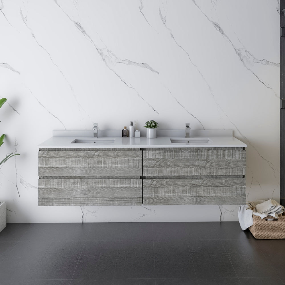 Fresca Formosa 72 Wall Hung Double Sink Modern Bathroom Cabinet W/ Top & Sinks In Ash