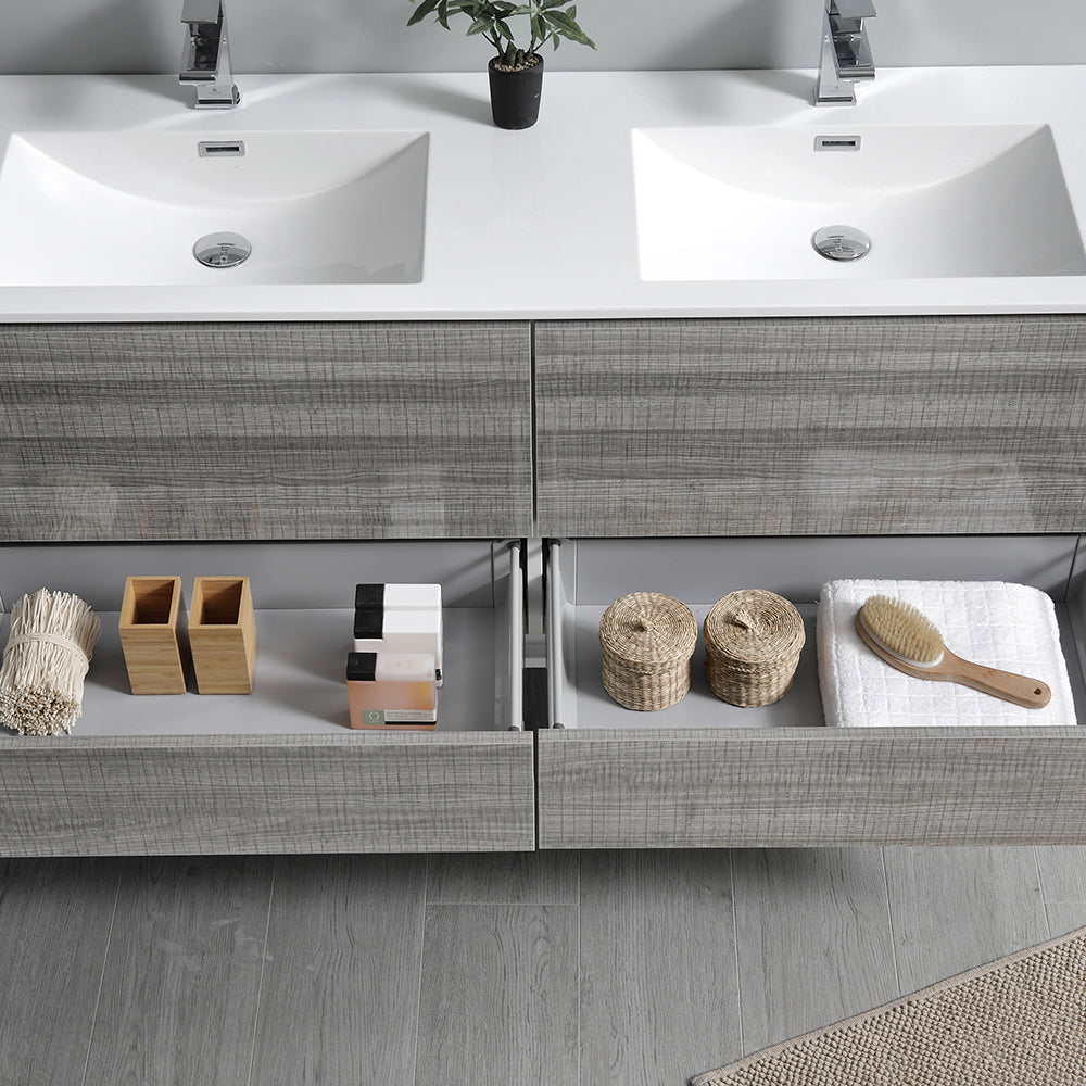 Fresca Catania 60 Glossy Ash Gray Wall Hung Modern Bathroom Cabinet W/ Integrated Double Sink