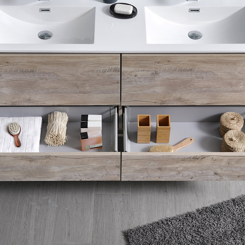 Fresca Catania 60 Rustic Natural Wood Wall Hung Modern Bathroom Cabinet W/ Integrated Double Sink
