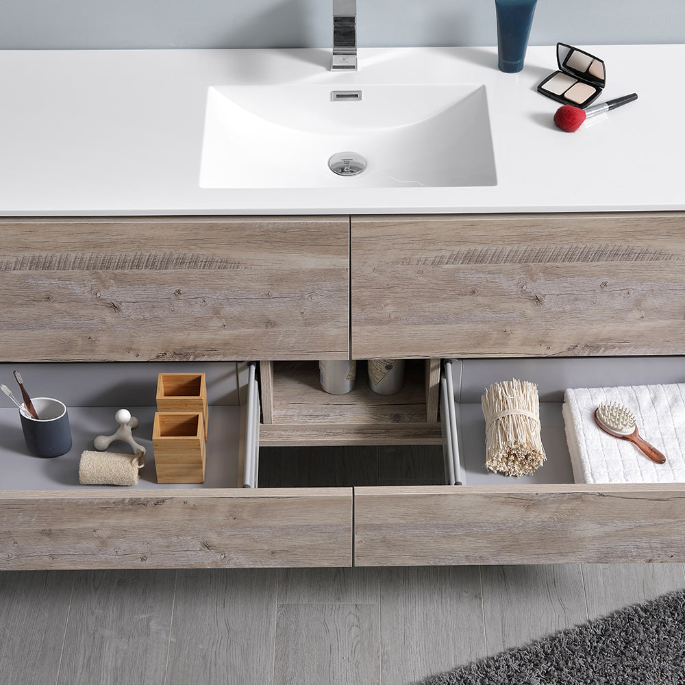 Fresca Catania 60 Rustic Natural Wood Wall Hung Modern Bathroom Cabinet W/ Integrated Single Sink