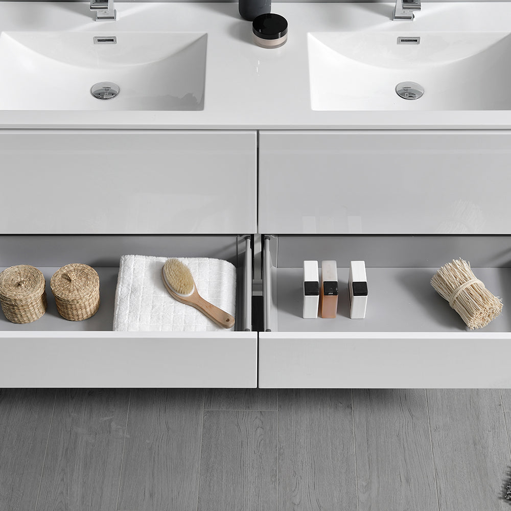 Fresca Catania 60 Glossy White Wall Hung Modern Bathroom Cabinet W/ Integrated Double Sink