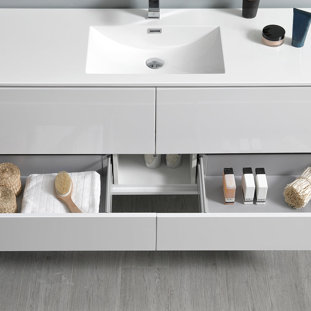 Fresca Catania 60 Glossy White Wall Hung Modern Bathroom Cabinet W/ Integrated Single Sink