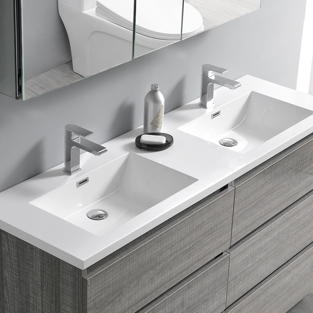 Fresca Lazzaro 60 Glossy Ash Gray Free Standing Modern Bathroom Cabinet W/ Integrated Double Sink