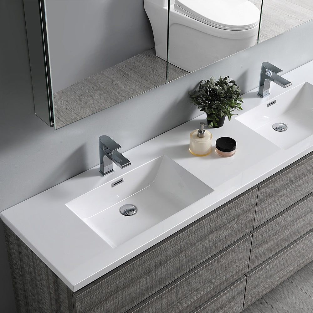 Fresca Lazzaro 72 Glossy Ash Gray Free Standing Modern Bathroom Cabinet W/ Integrated Double Sink
