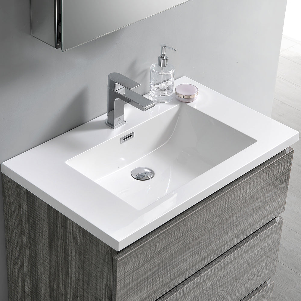 Fresca Lazzaro 30 Glossy Ash Gray Free Standing Modern Bathroom Cabinet W/ Integrated Sink