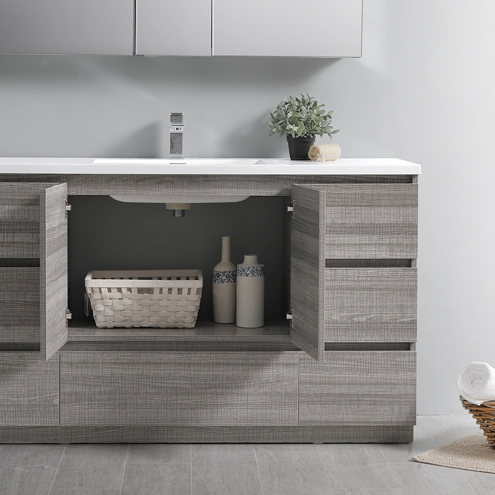 Fresca Lazzaro 60 Glossy Ash Gray Free Standing Modern Bathroom Cabinet W/ Integrated Single Sink