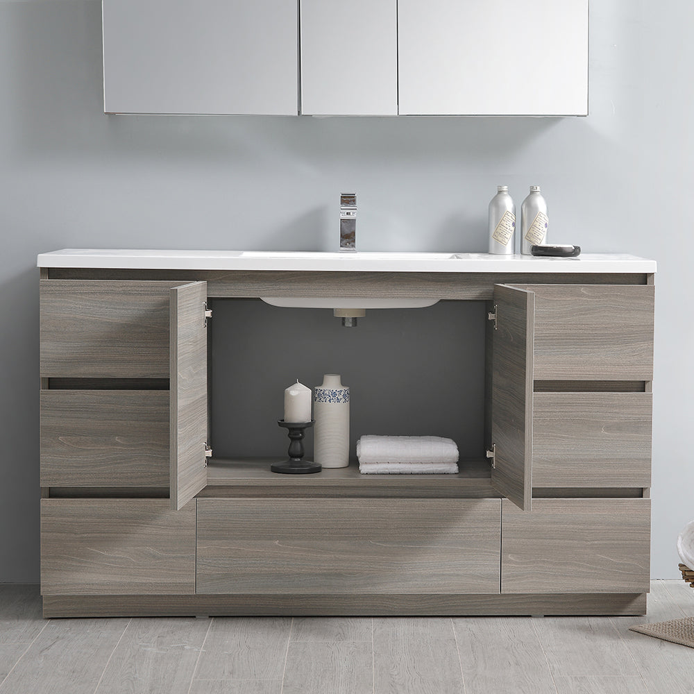 Fresca Lazzaro 60 Gray Wood Free Standing Modern Bathroom Cabinet W/ Integrated Single Sink