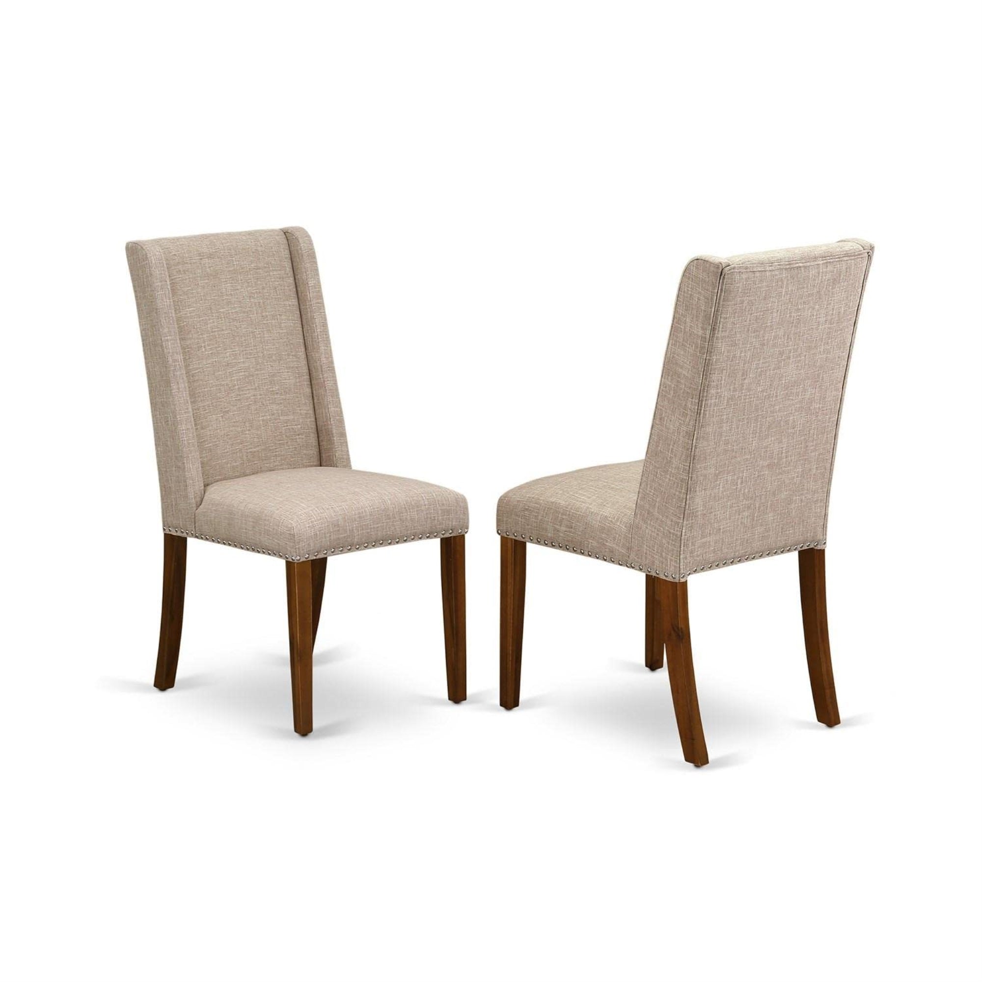 Casafoyer Flp8T04 Florence Parson Dining Room Chairs - Nailhead Trim Light Tan Linen Fabric Upholstered Chairs, Set Of 2, Walnut