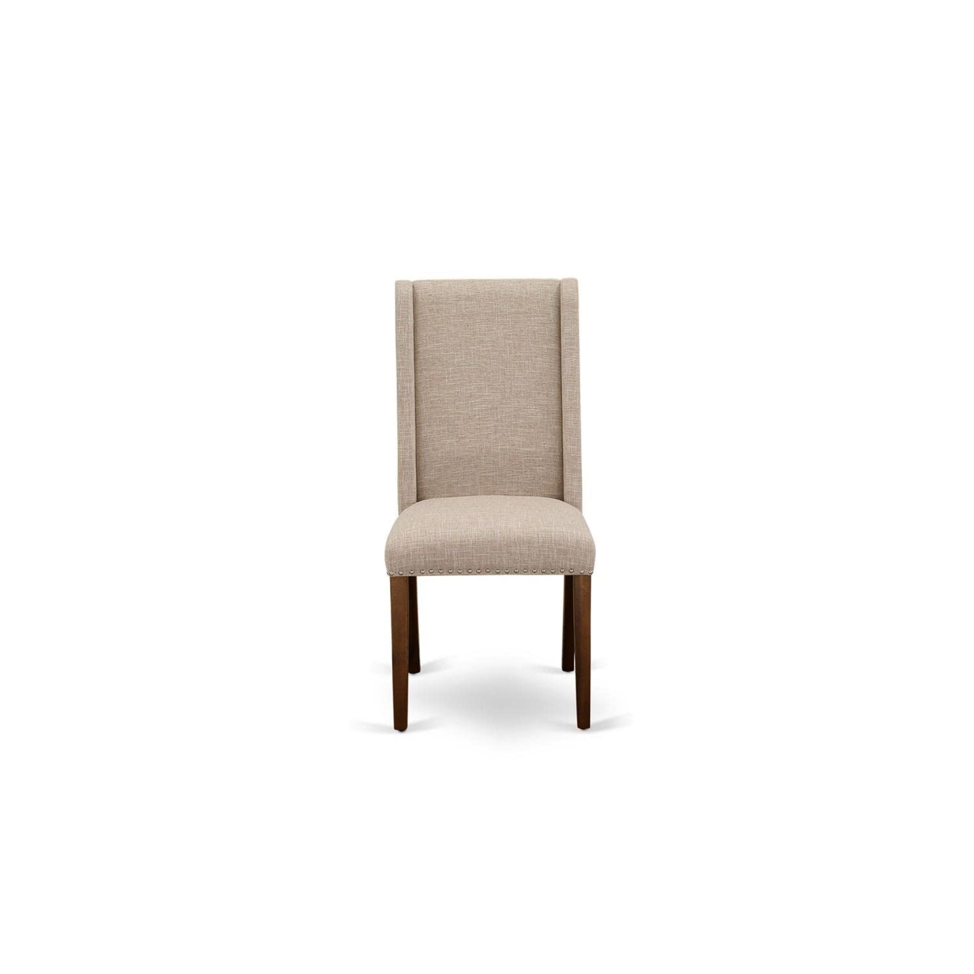 East West Furniture Flp8T04 Florence Parson Dining Room Chairs - Nailhead Trim Light Tan Linen Fabric Upholstered Chairs, Set Of 2, Walnut