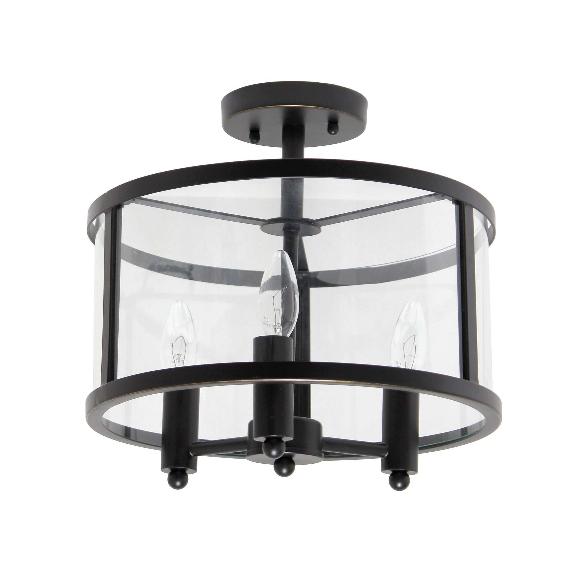 Elegant Designs Medium 13' Iron And Glass Shade Traditional Farmhouse Industrial 3-Light Ceiling Mounted Round Semi-Flushmount For Bedroom Foyer Living Room, Matte Black