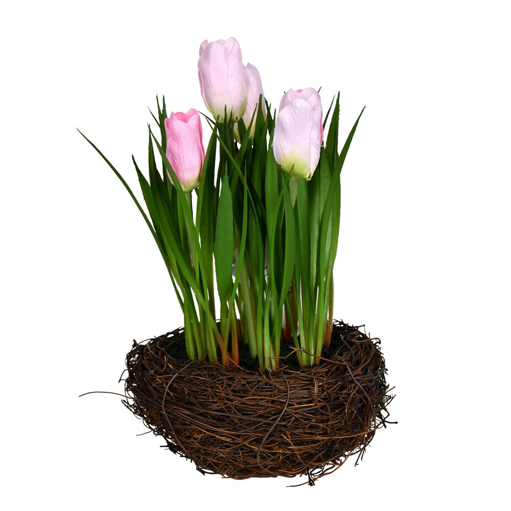 Vickerman 9” Pink Tulips in Bird Nest 2/Pk - FO194509