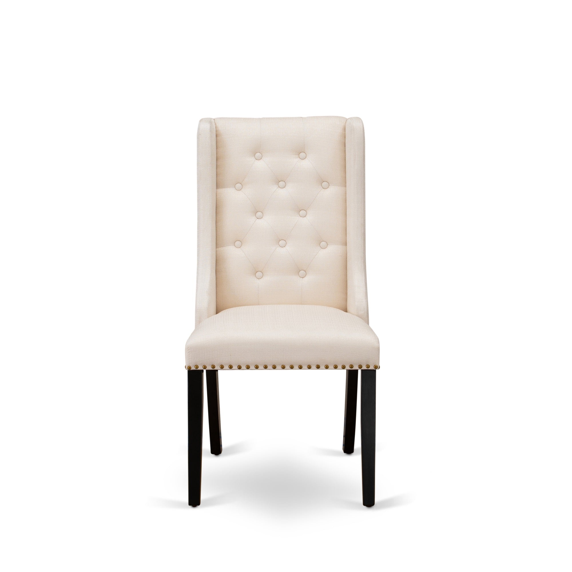 Fop1T01 Dining Padded Chairs - Cream Linen Fabric Kitchen Parson Chairs And Button Tufted Back With Black Rubber Wood Legs - Parson Dining Chairs Set Of 2