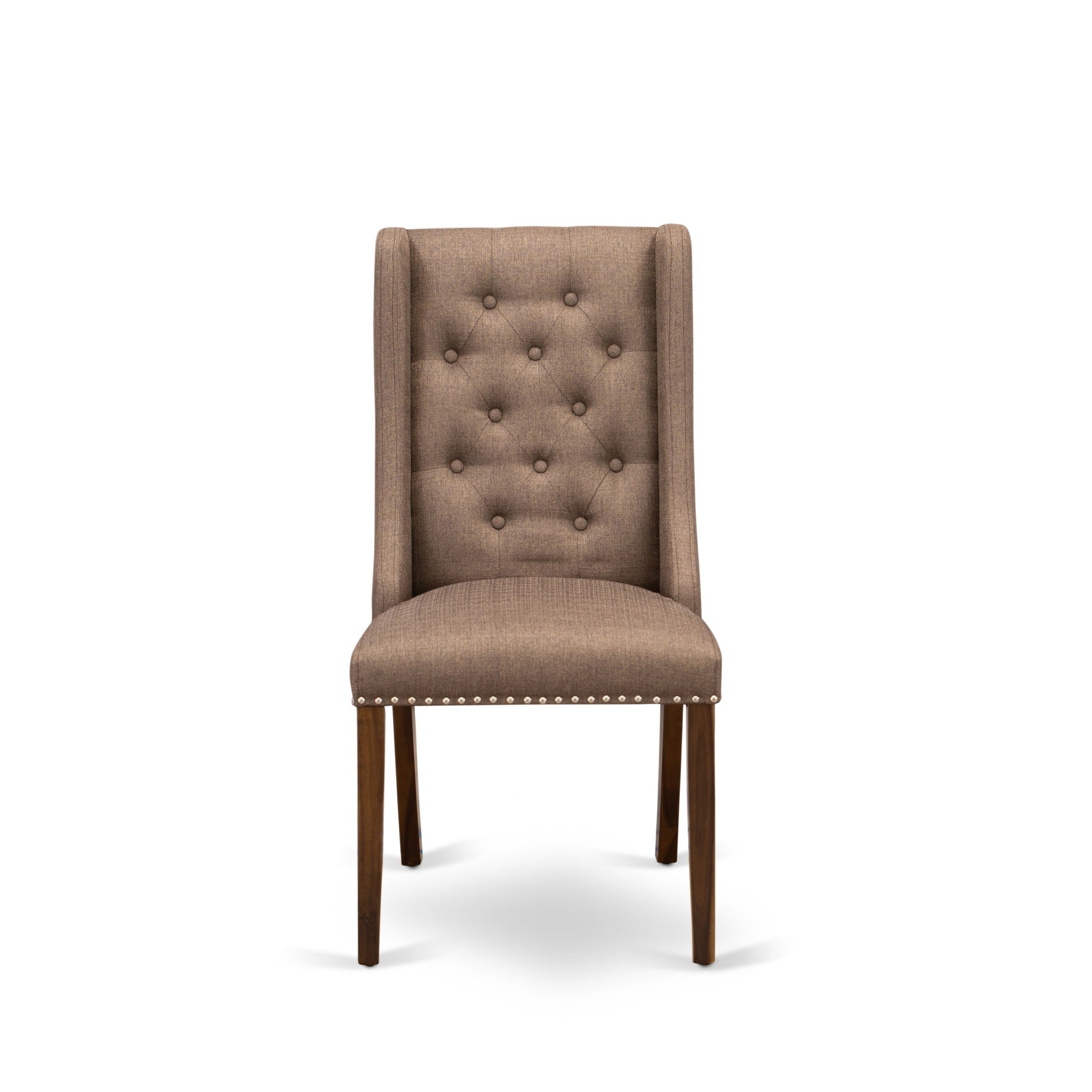 Fop8T18 Mid Century Dining Chairs - Brown Linen Fabric Parson Dining Chairs And Button Tufted Back With Antique Walnut Rubber Wood Legs - Modern Dining Chairs Set Of 2