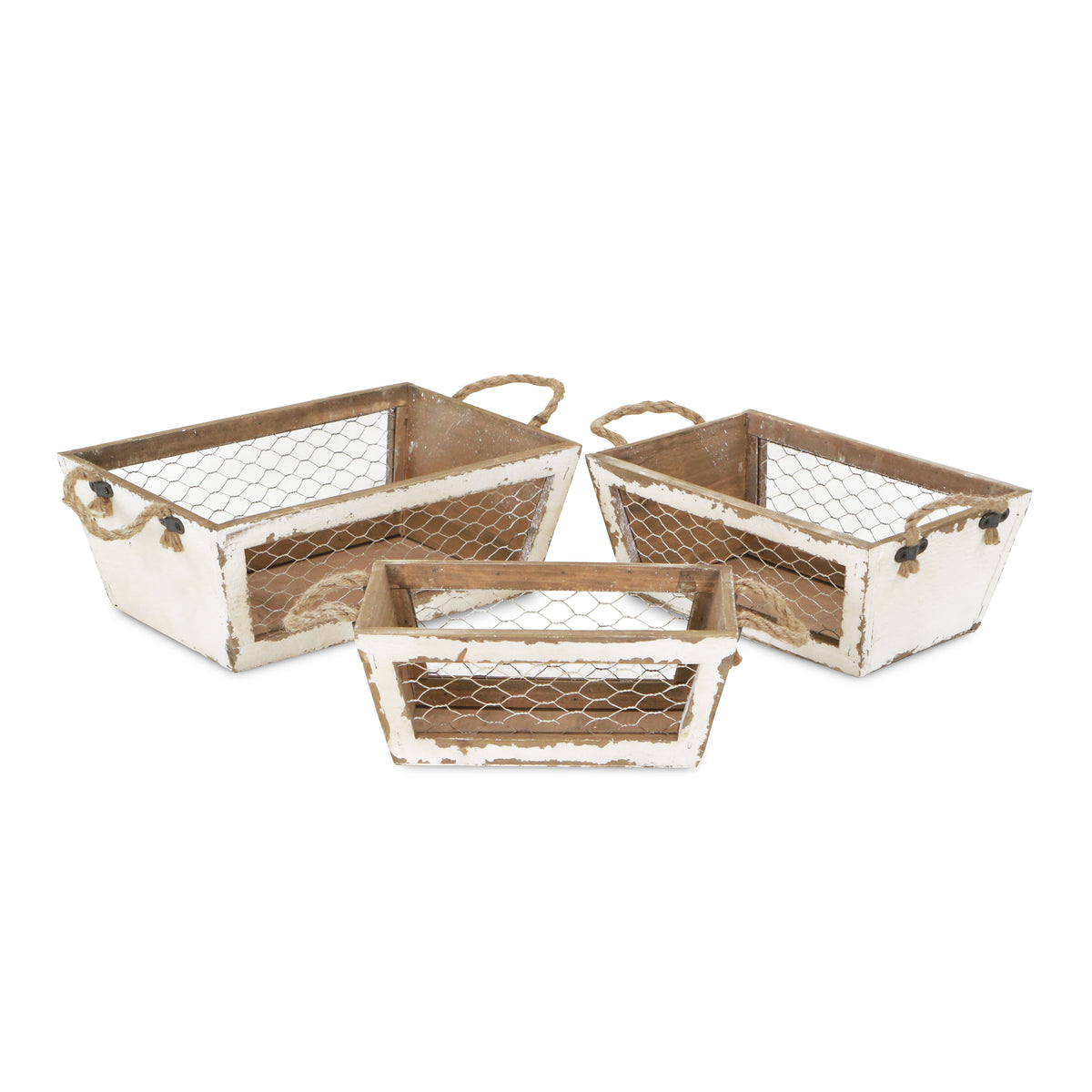 Irona Set Of 3 Tapered Wood & Wire Crates - White