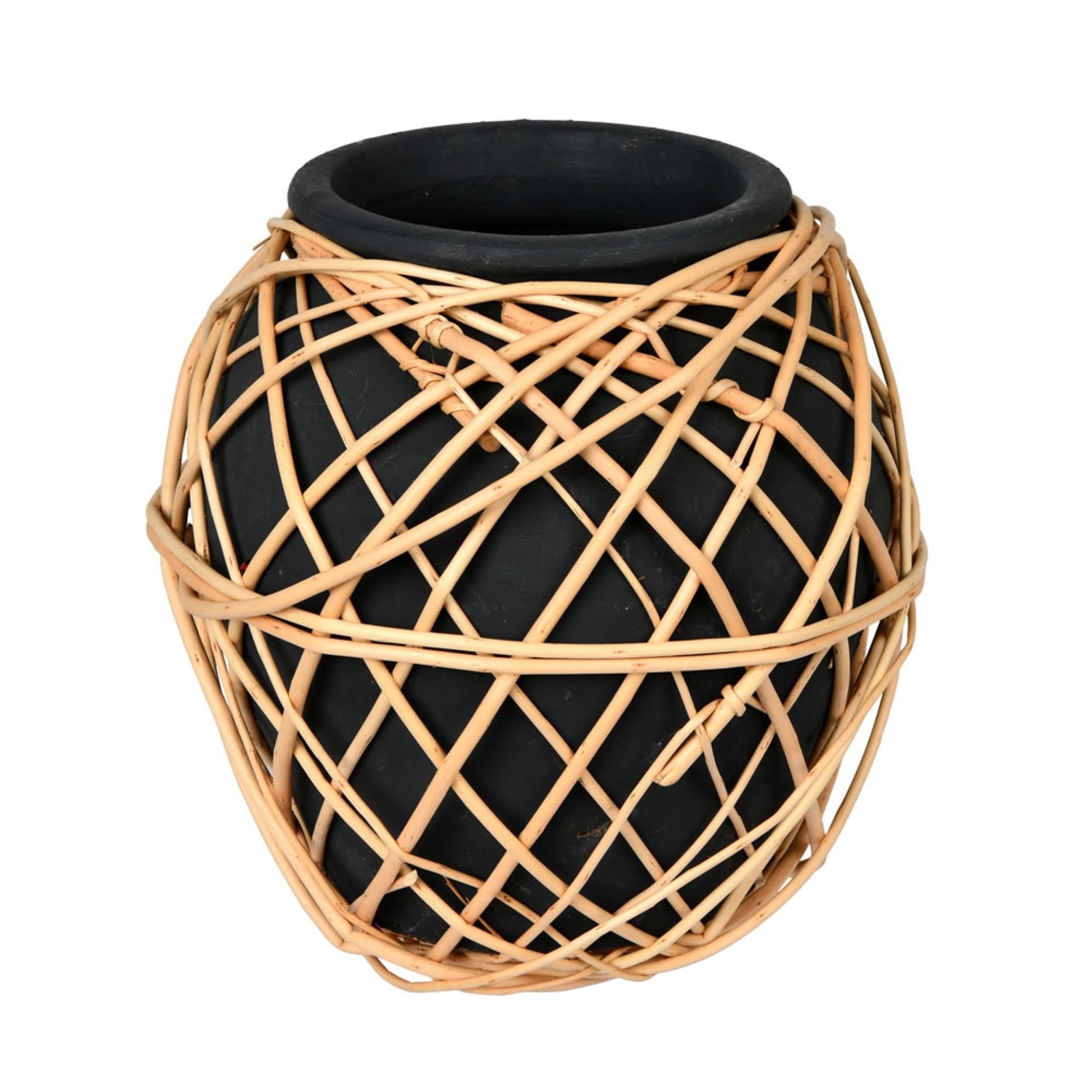 9” Charcoal Terracotta Vase with Wicker