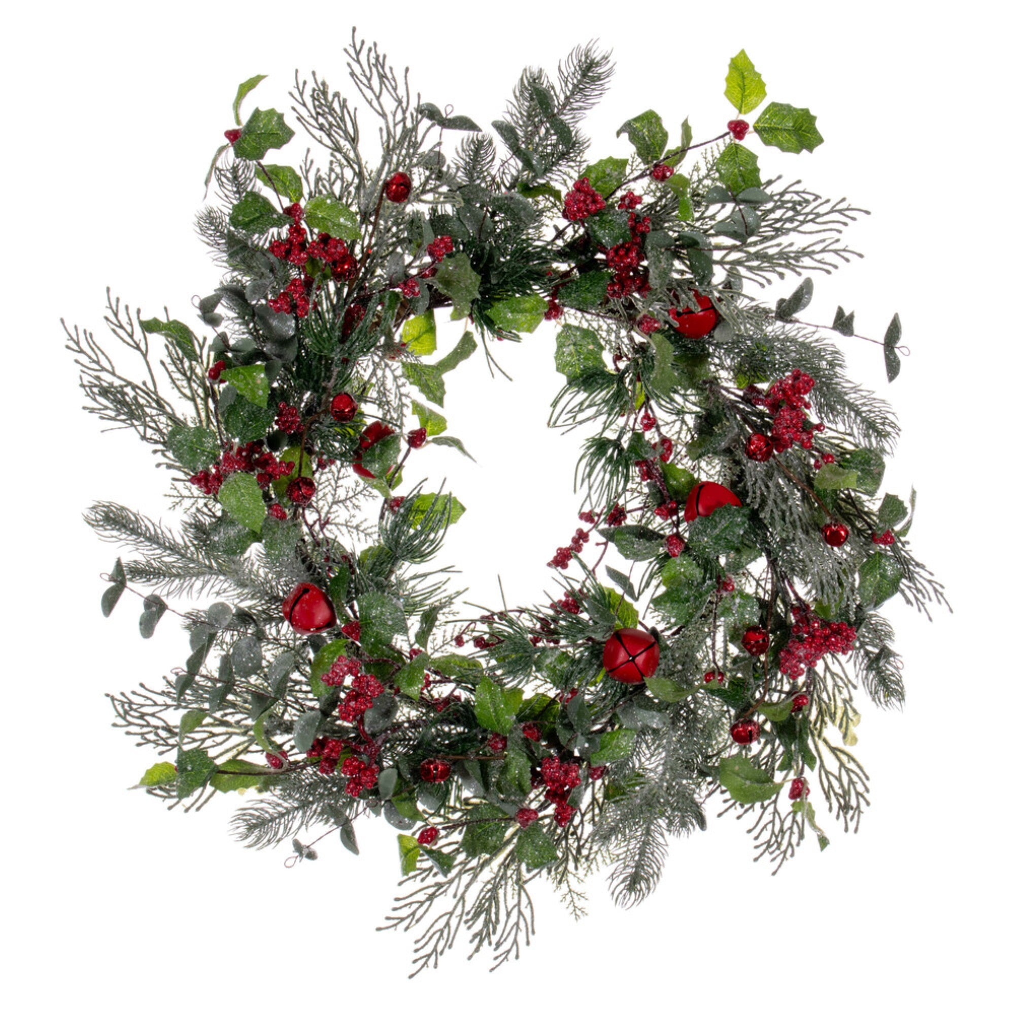 24” Grn Holly/Pine Red Jngle Bell Wreath