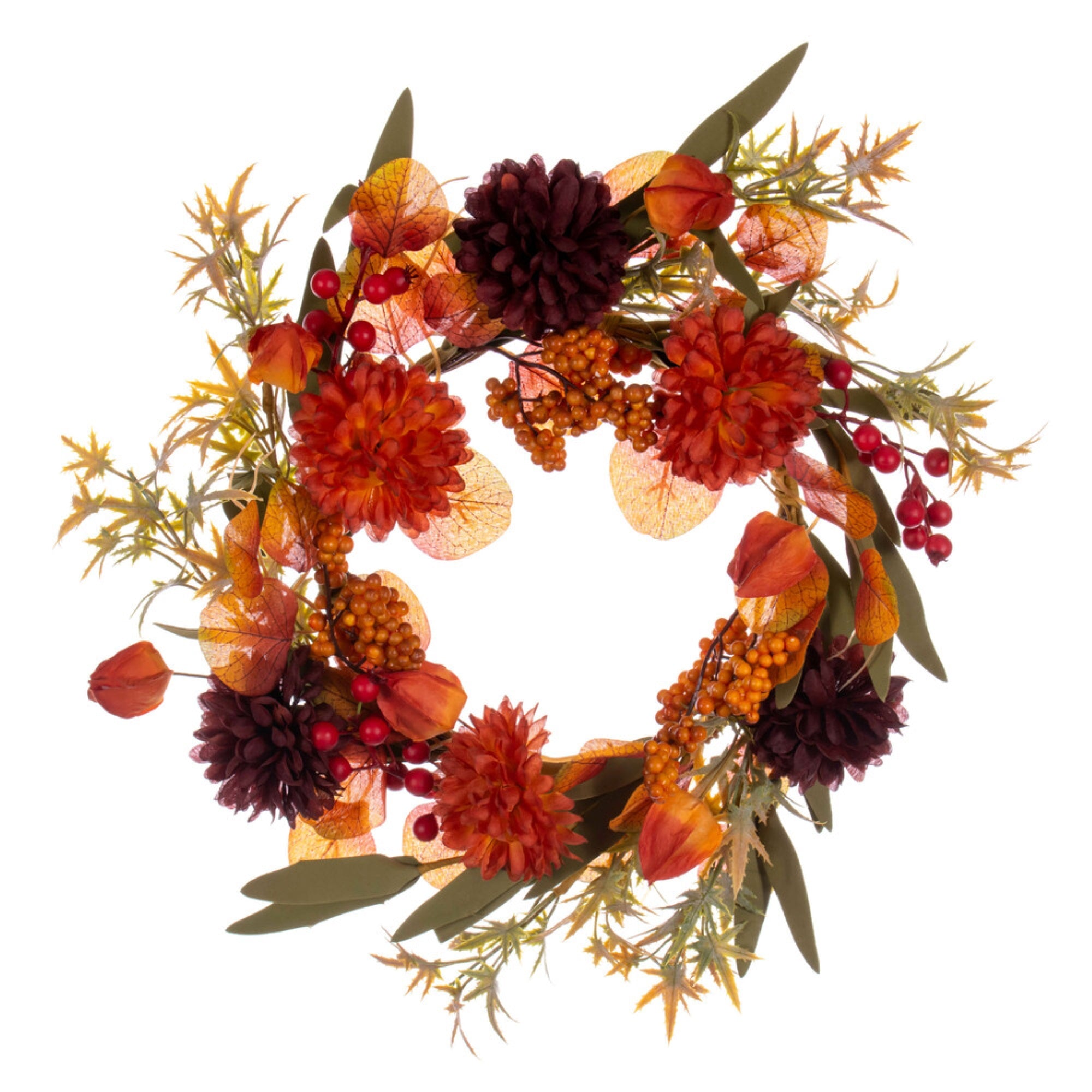 14” Orange/Burgundy Mum/Lantern Wreath