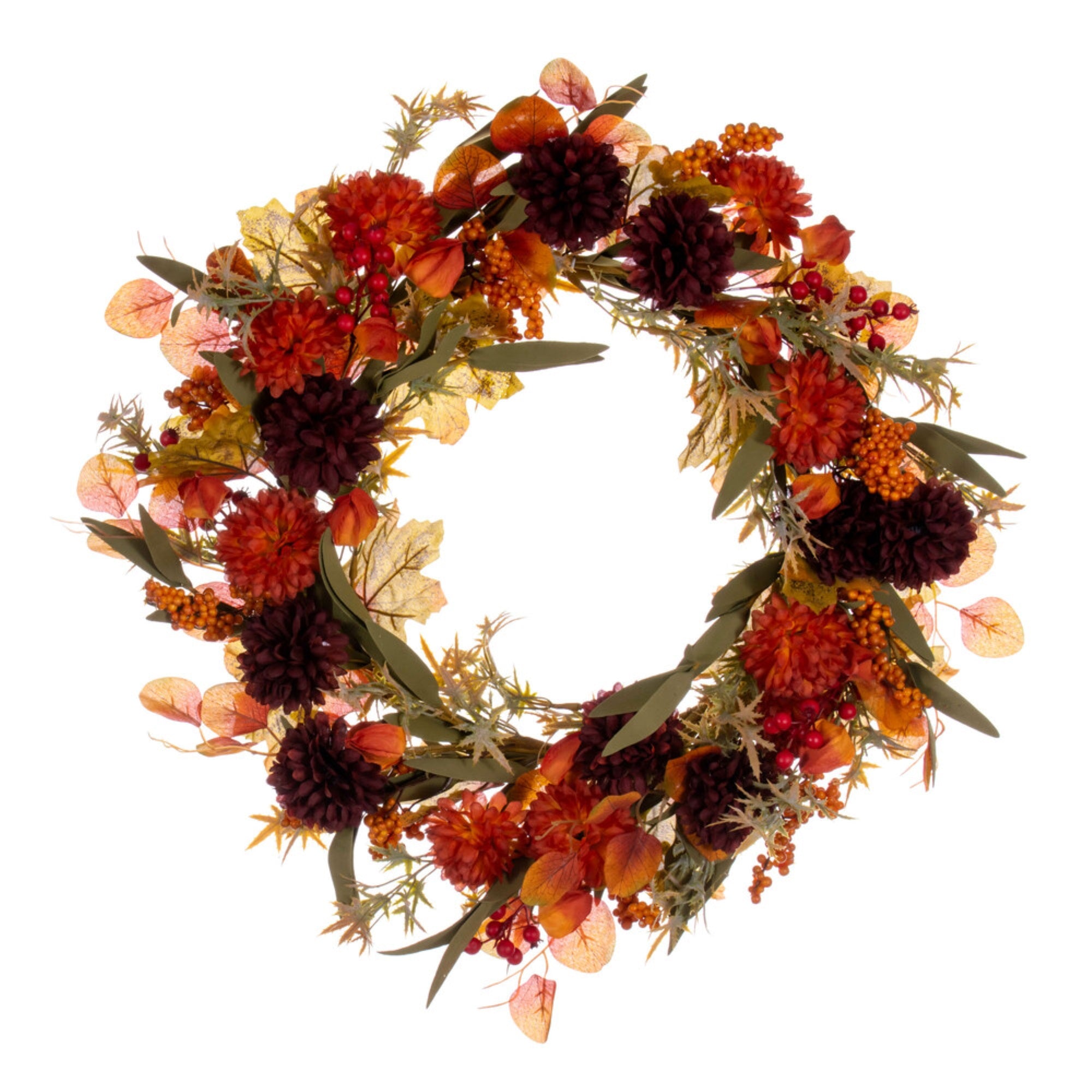 20” Orange/Burgundy Mum/Lantern Wreath