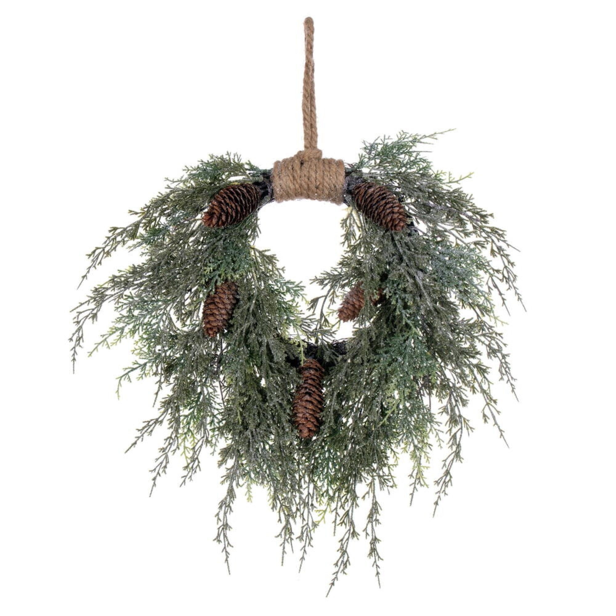 18″ Snow Cedar Hanging Wreath W/Cone