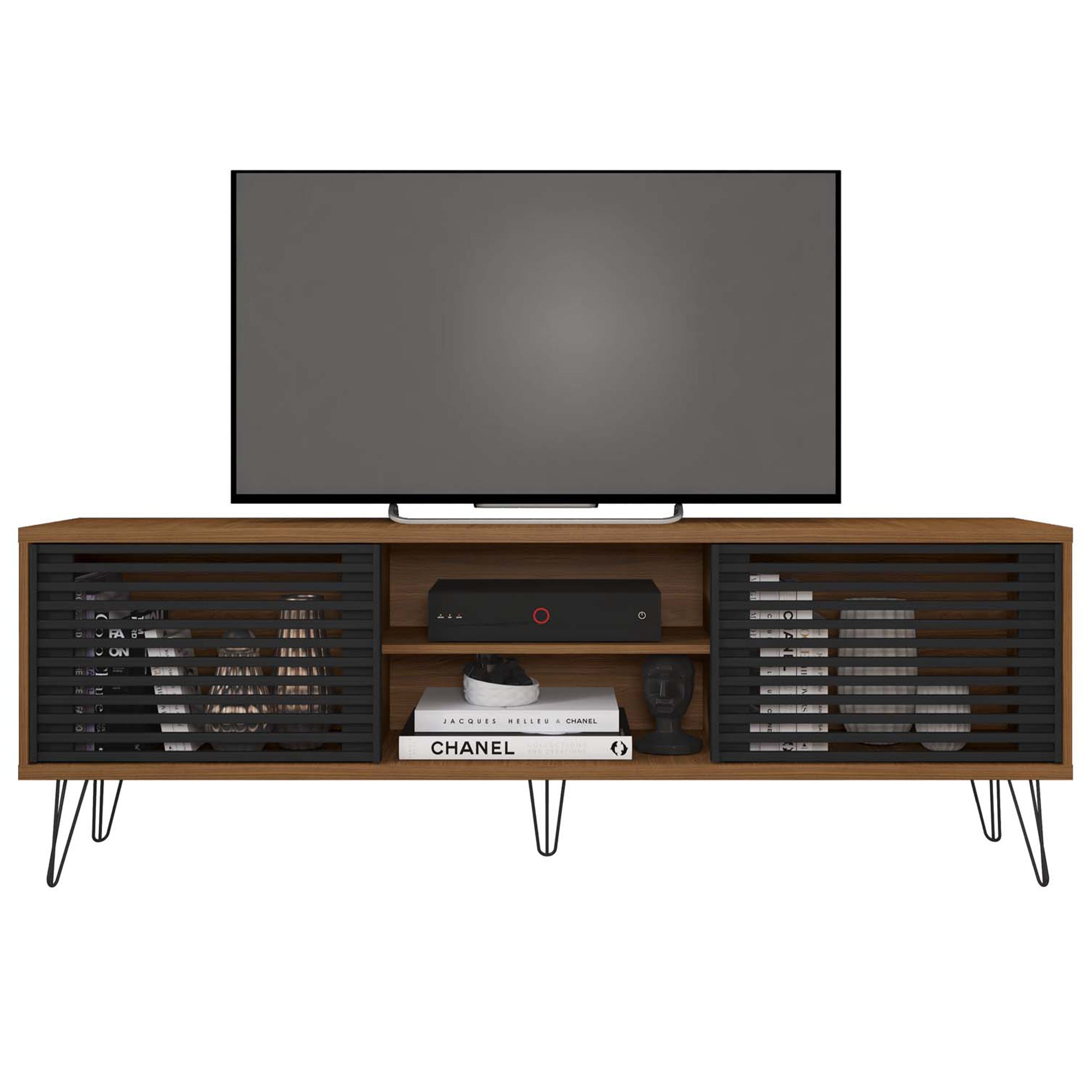 Better Home Products Frizz Mid-Century Modern TV Stand for up to 70 Inches TV in Dark Walnut and Black / Easy Assembly