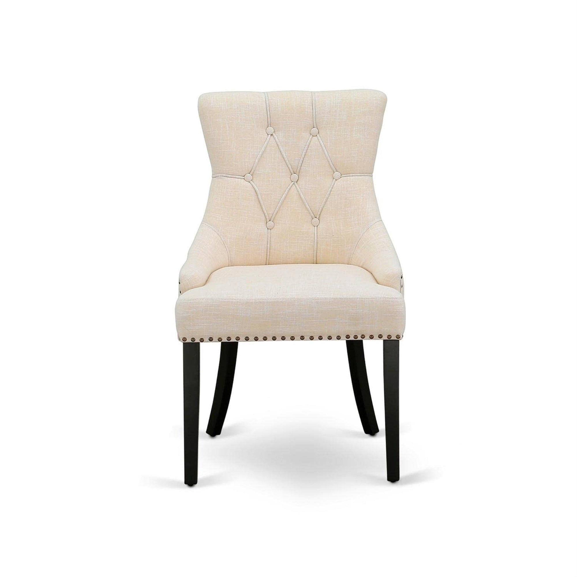 East West Furniture Frp1T02 Friona Parson Dining Room Chairs - Button Tufted Nailhead Trim Light Beige Linen Fabric Padded Chairs, Set Of 2, Black