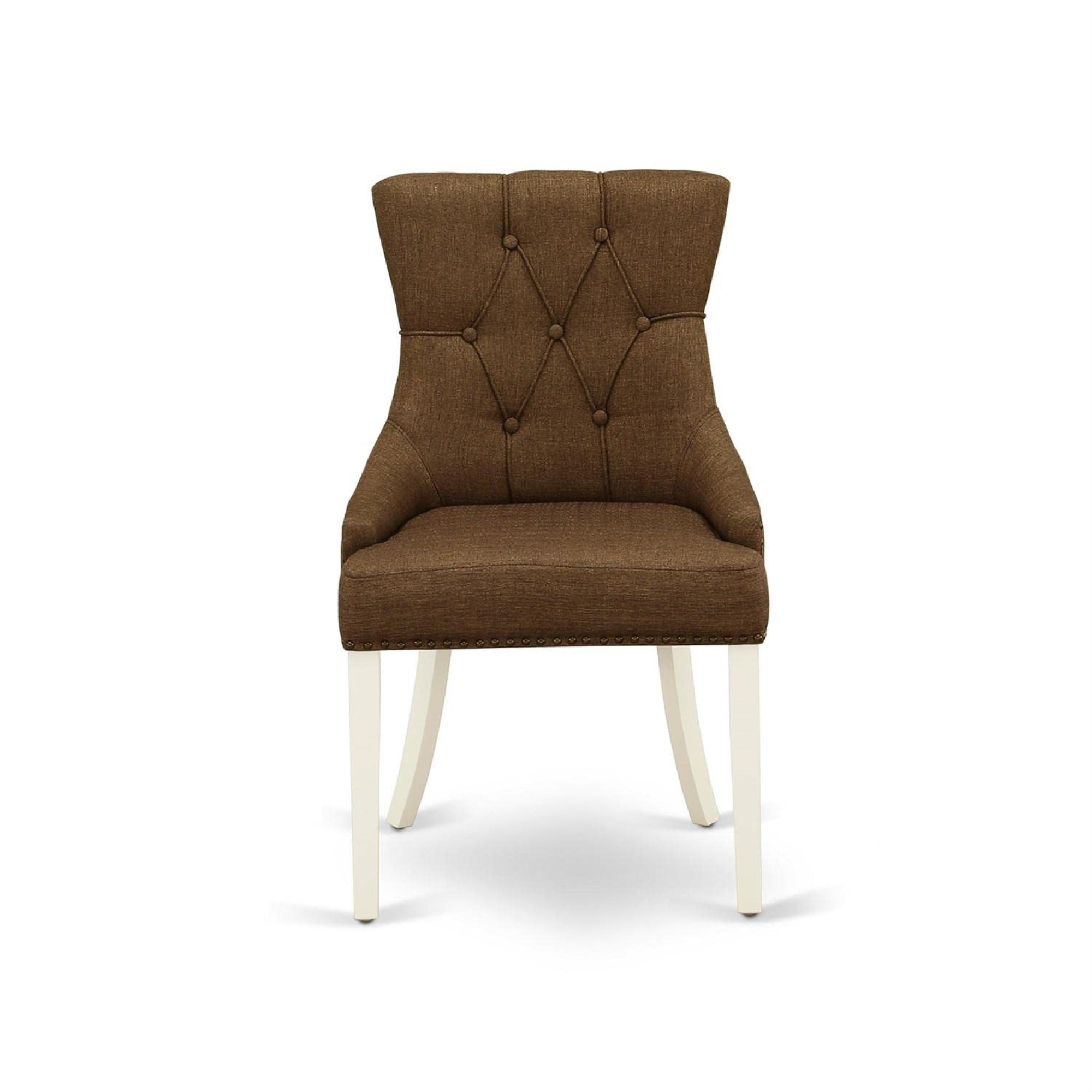 East West Furniture Frp2T18 Friona Parsons Dining Chairs - Button Tufted Nailhead Trim Brown Linen Linen Fabric Upholstered Chairs, Set Of 2, Linen White
