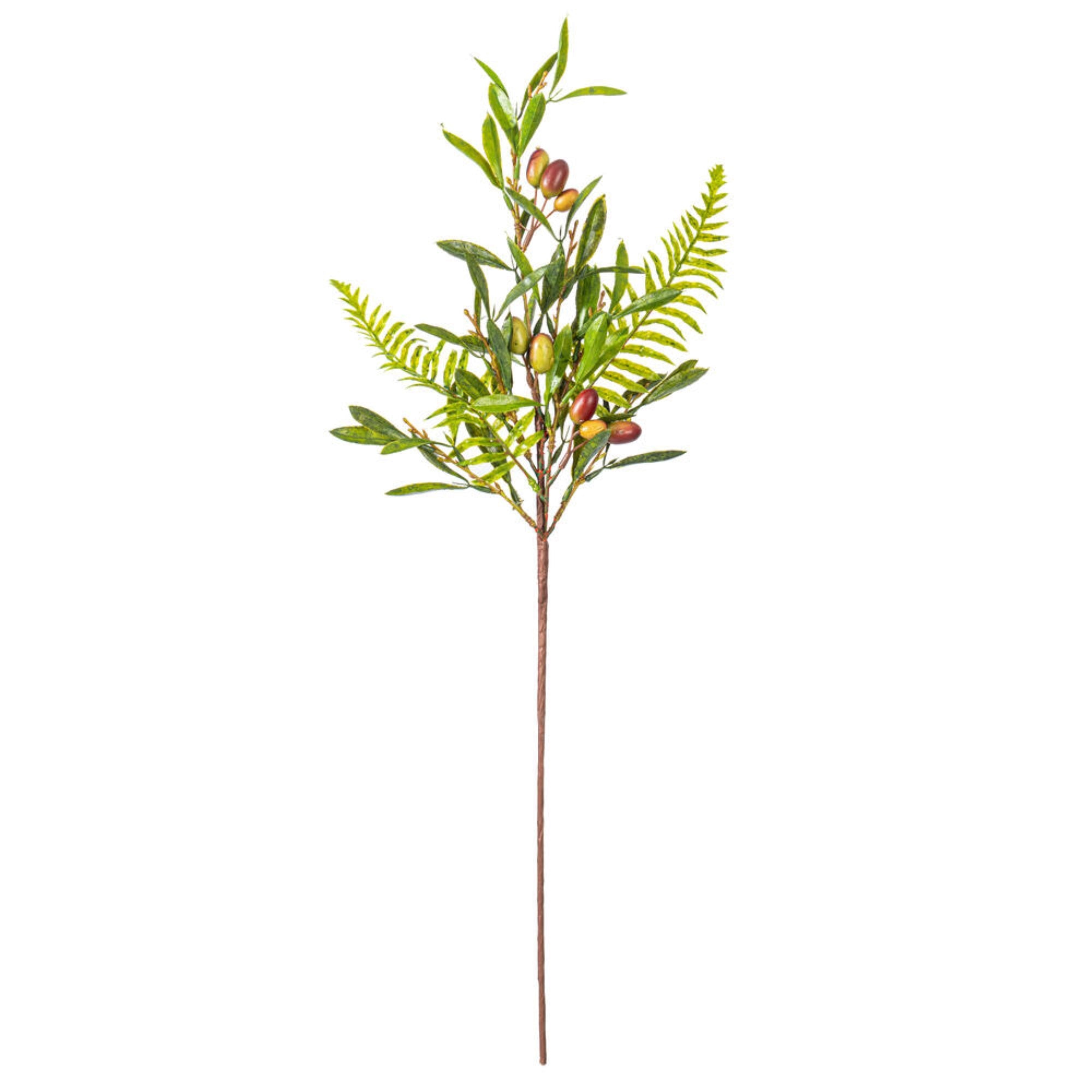 Vickerman 27” Artificial Green Olive Spray 3/Bag. Features green foliage with dark orange olives.