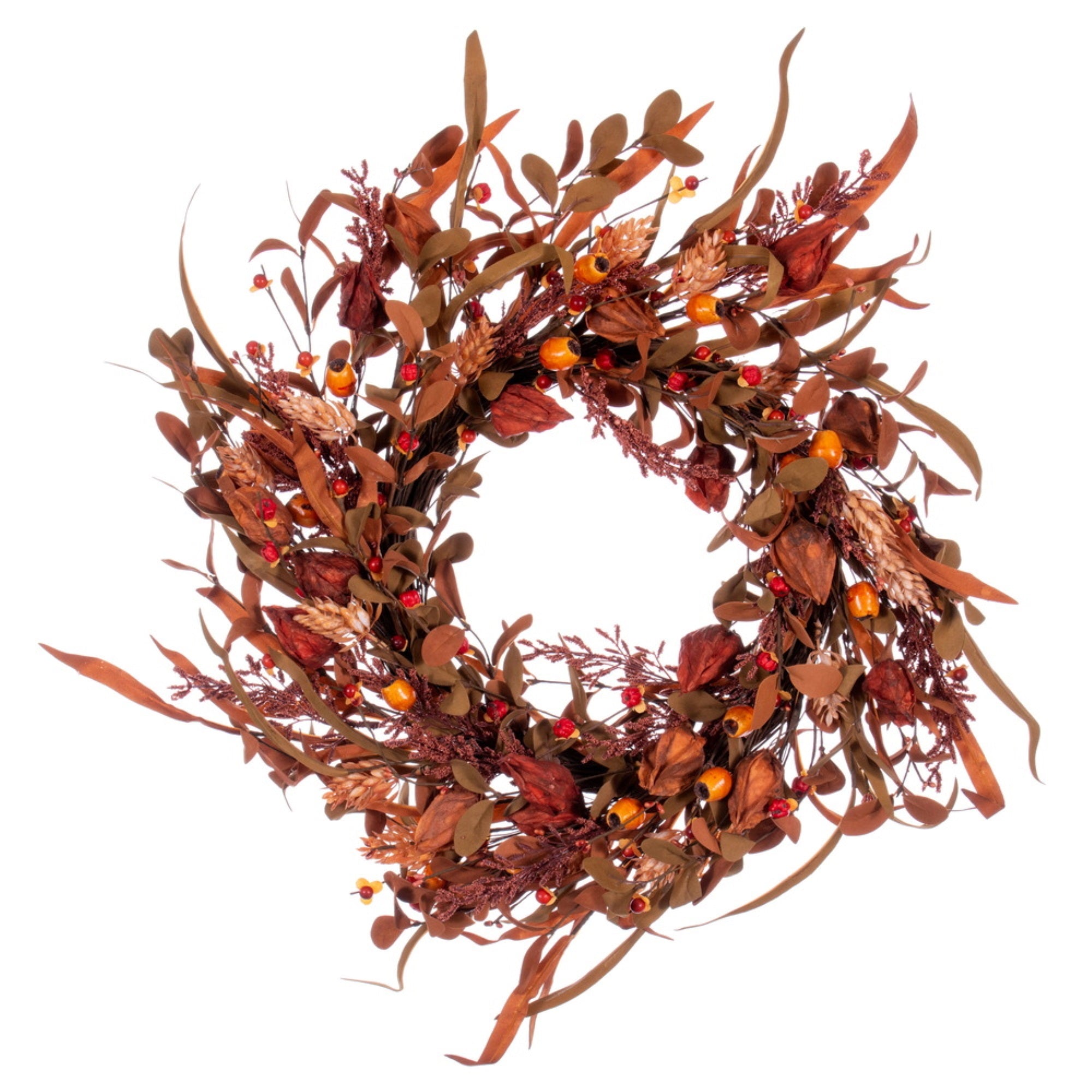 Vickerman 22” Autumn Orange Artificial Assorted Leaf Wreath with Berries.
