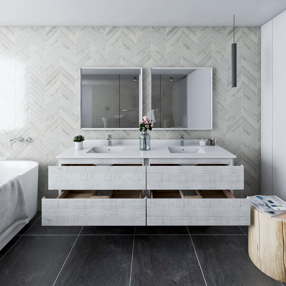 Fresca Formosa 72 Wall Hung Double Sink Modern Bathroom Vanity W/ Mirrors In Rustic White