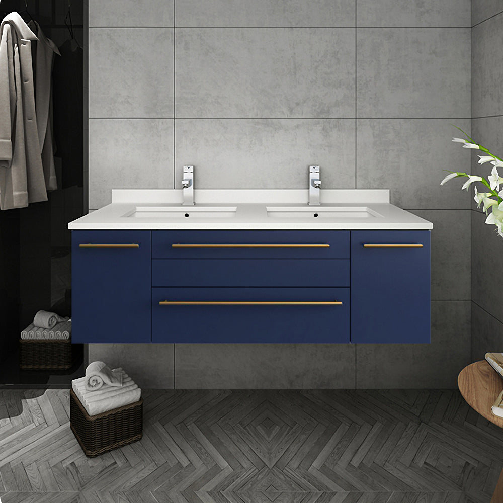 Fresca Lucera 48 Royal Blue Wall Hung Double Undermount Sink Modern Bathroom Vanity W/ Medicine Cabinet