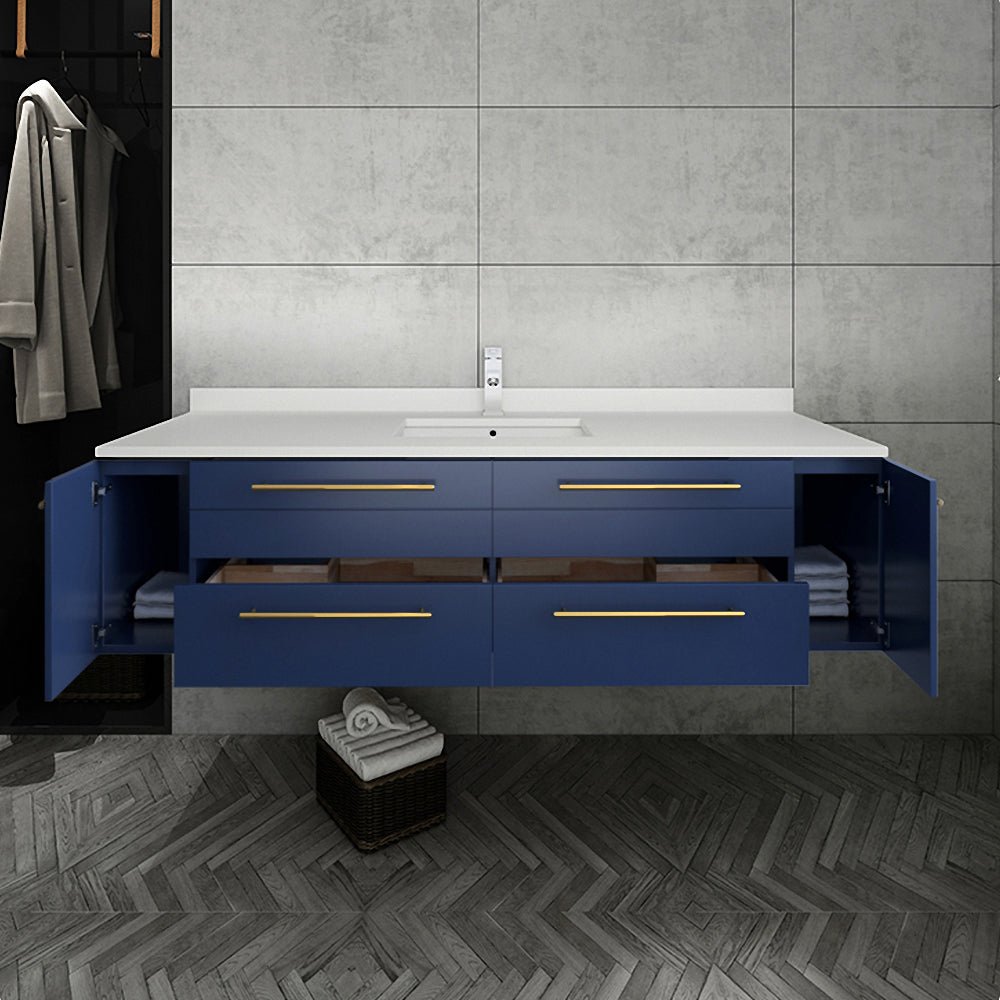 Fresca Lucera 60 Royal Blue Wall Hung Single Undermount Sink Modern Bathroom Vanity W/ Medicine Cabinet