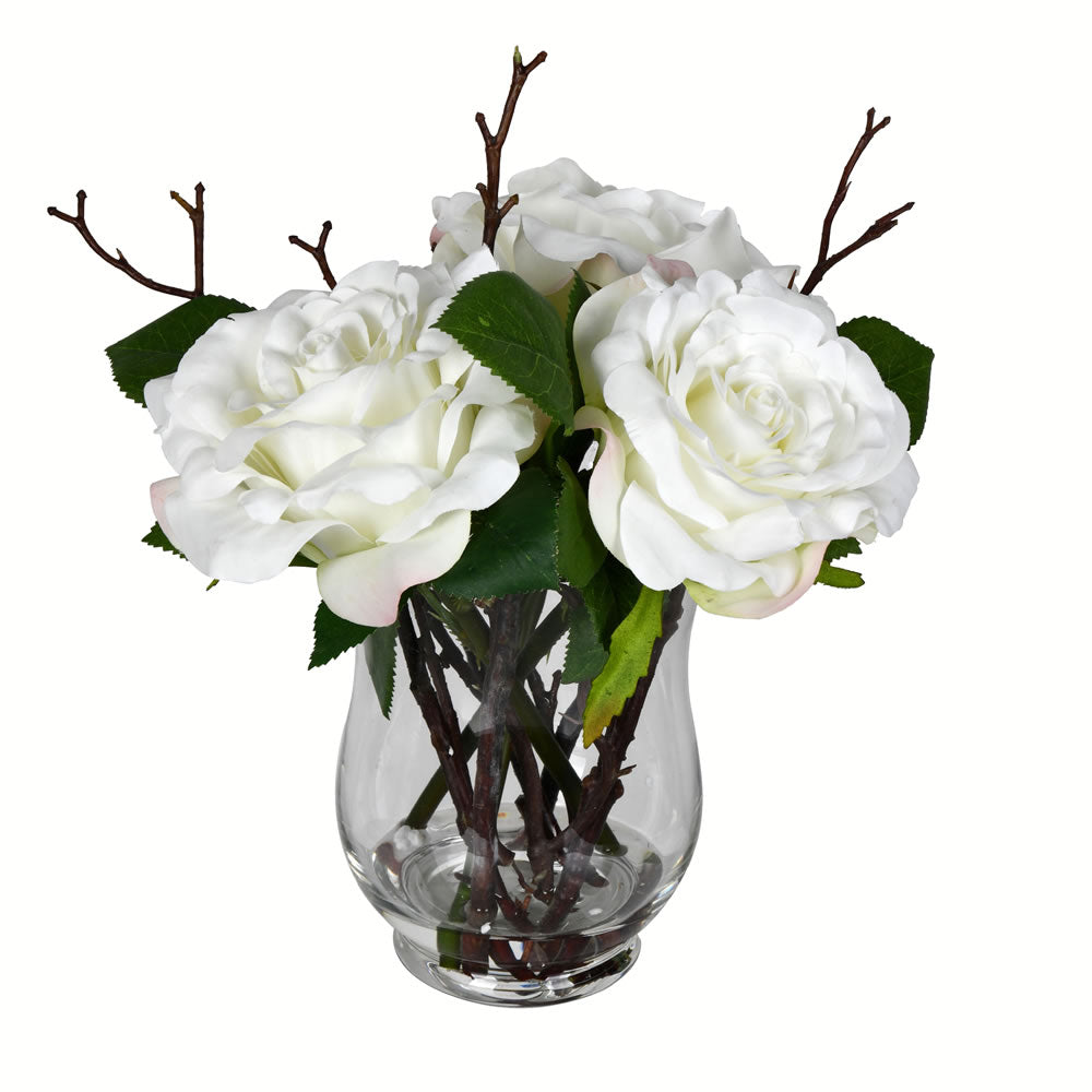 Vickerman 10” White Rose In Glass Vase - FX190201