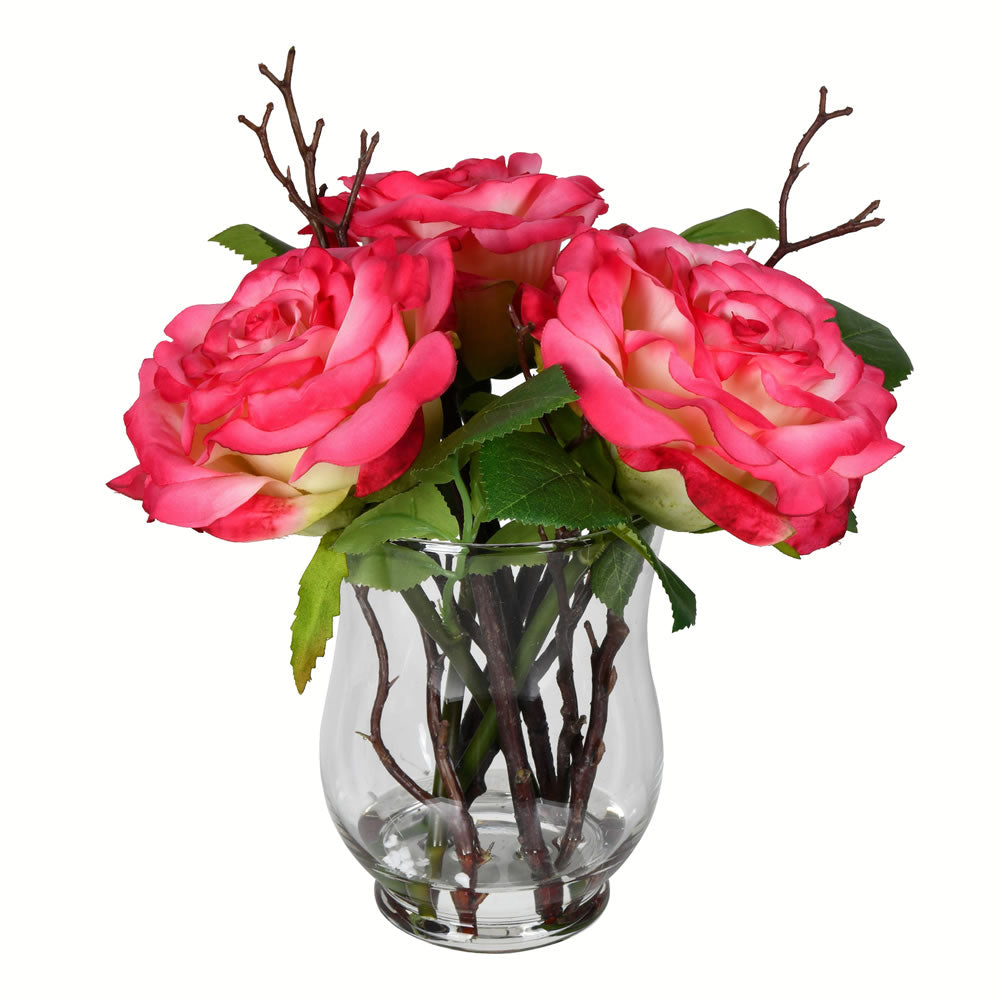 Vickerman 10” Dark Pink Rose In Glass Vase - FX190202