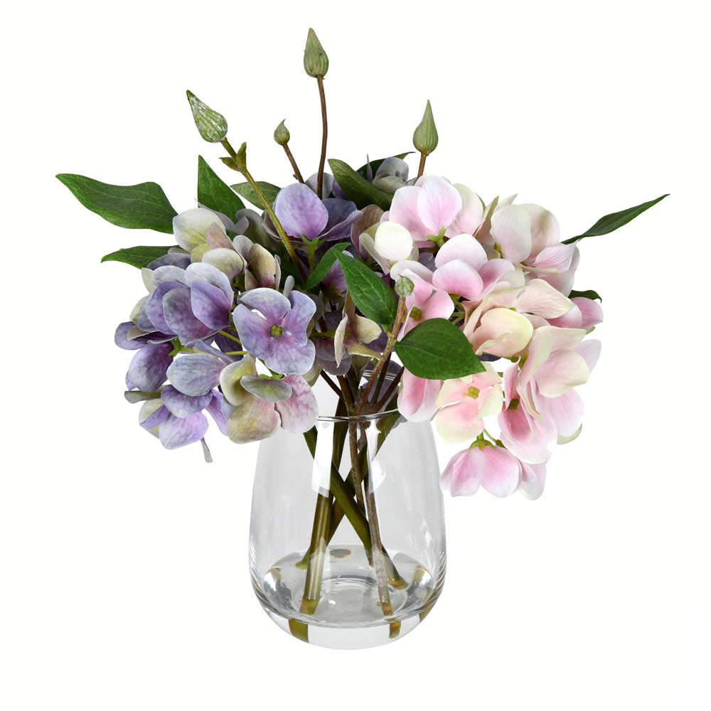 Vickerman 8” Light Pnk/Purp Hydrangea In Glass Pot - FX190908