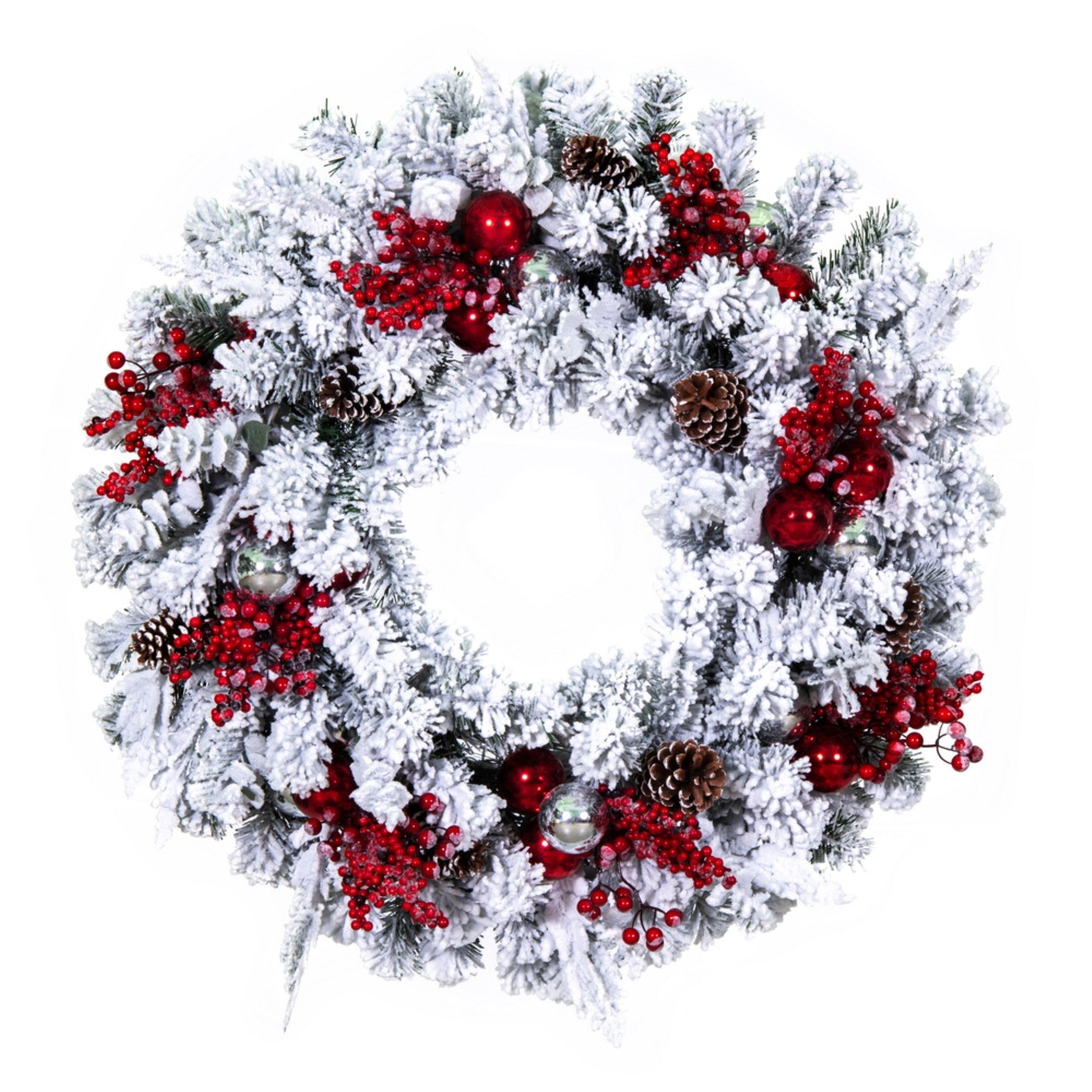 30” Flocked Wreath Red/Silver Decor 124T