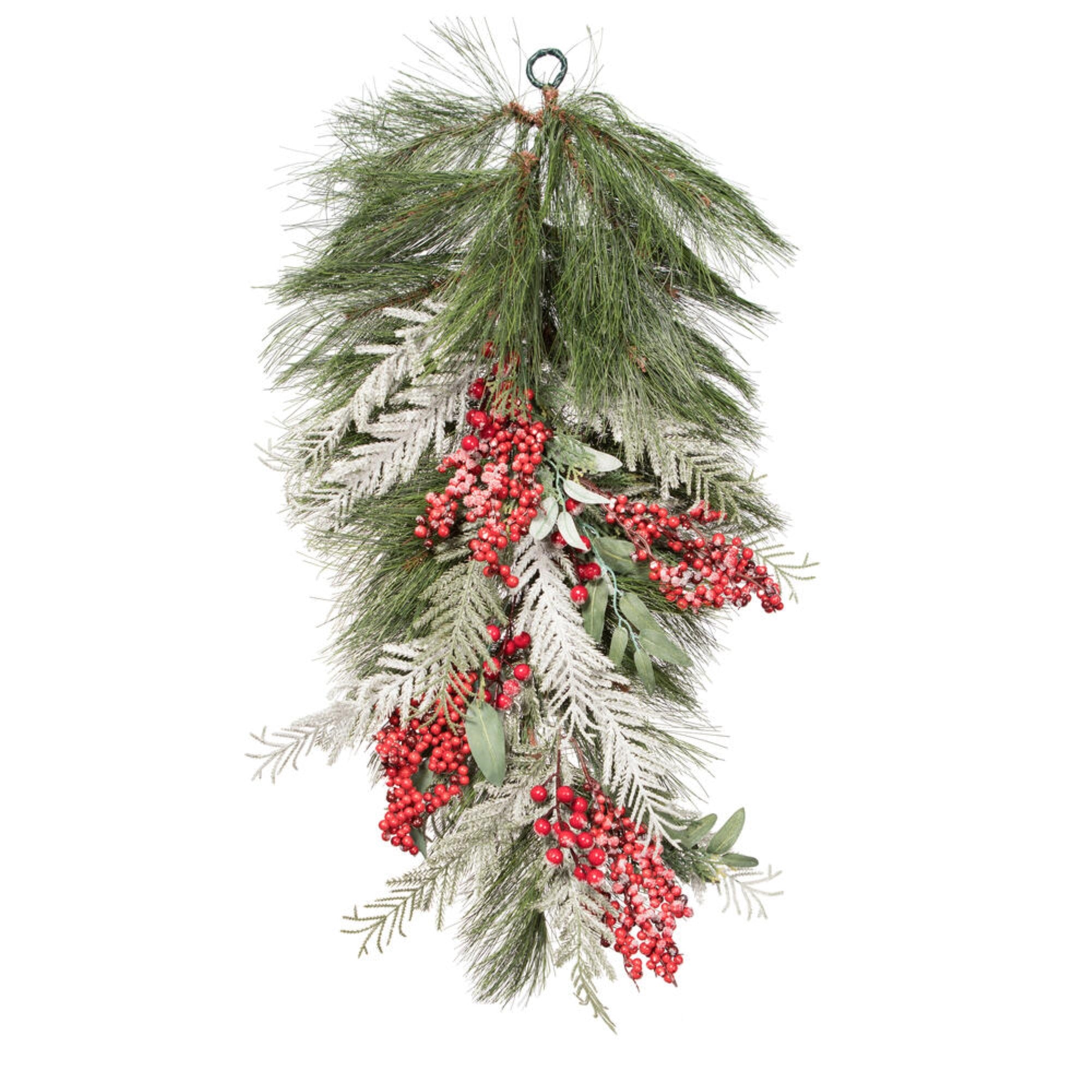 Vickerman 30” Frosted Artificial Christmas TearDrop with 41 PE Tips Red Berries Green and Frosted Foliage