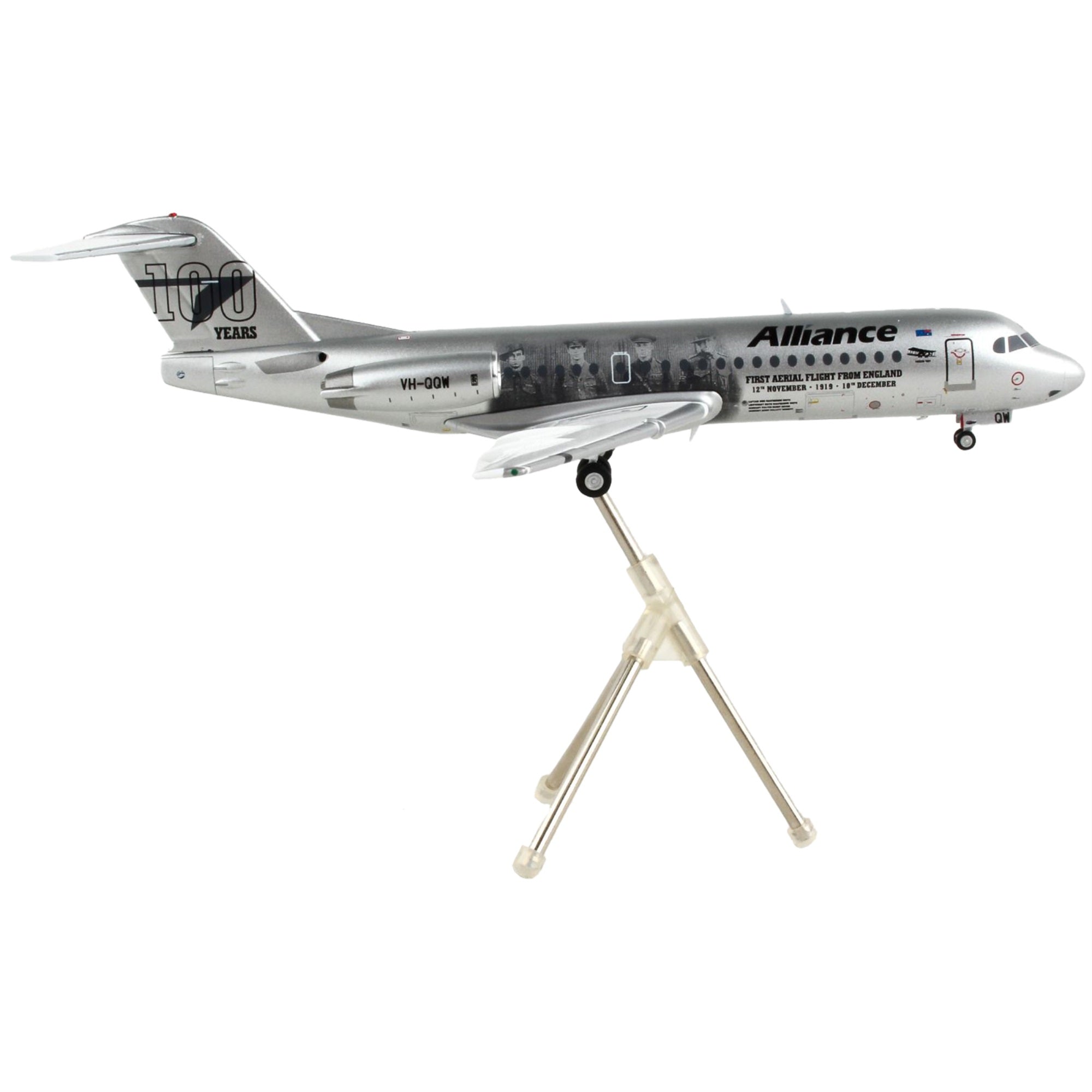 Fokker F70 Commercial Aircraft 'Alliance Airlines - 100 Years First Flight From England' Silver Metallic 'Gemini 200' Series 1/200 Diecast Model Airplane By Geminijets