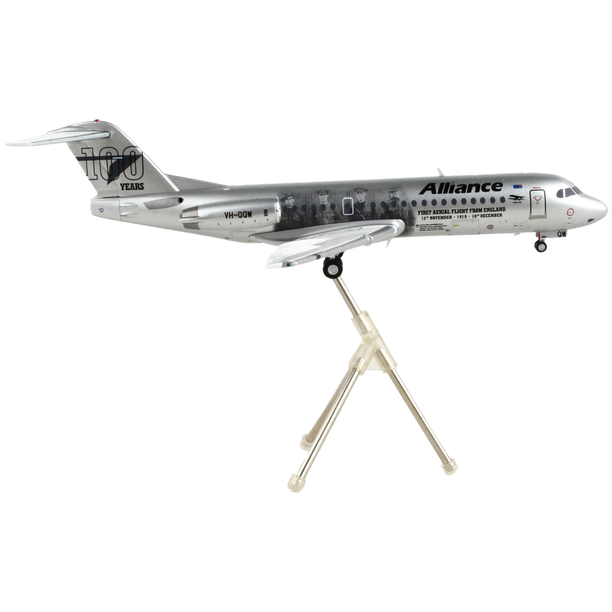 Fokker F70 Commercial Aircraft 'Alliance Airlines - 100 Years First Flight From England' Silver Metallic 'Gemini 200' Series 1/200 Diecast Model Airplane By Geminijets