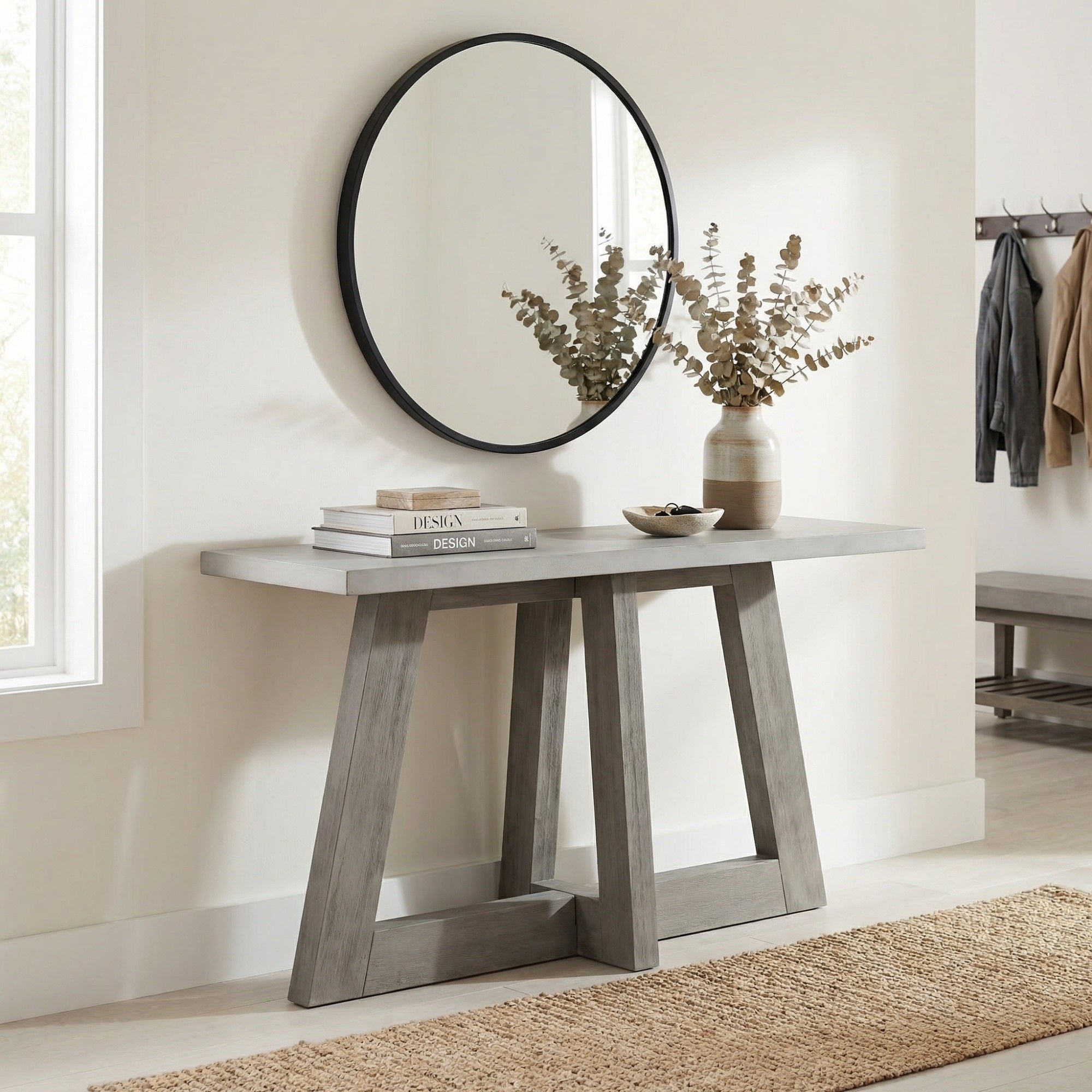 Grey Console Table with White Concrete Top and Wood Base 57in
