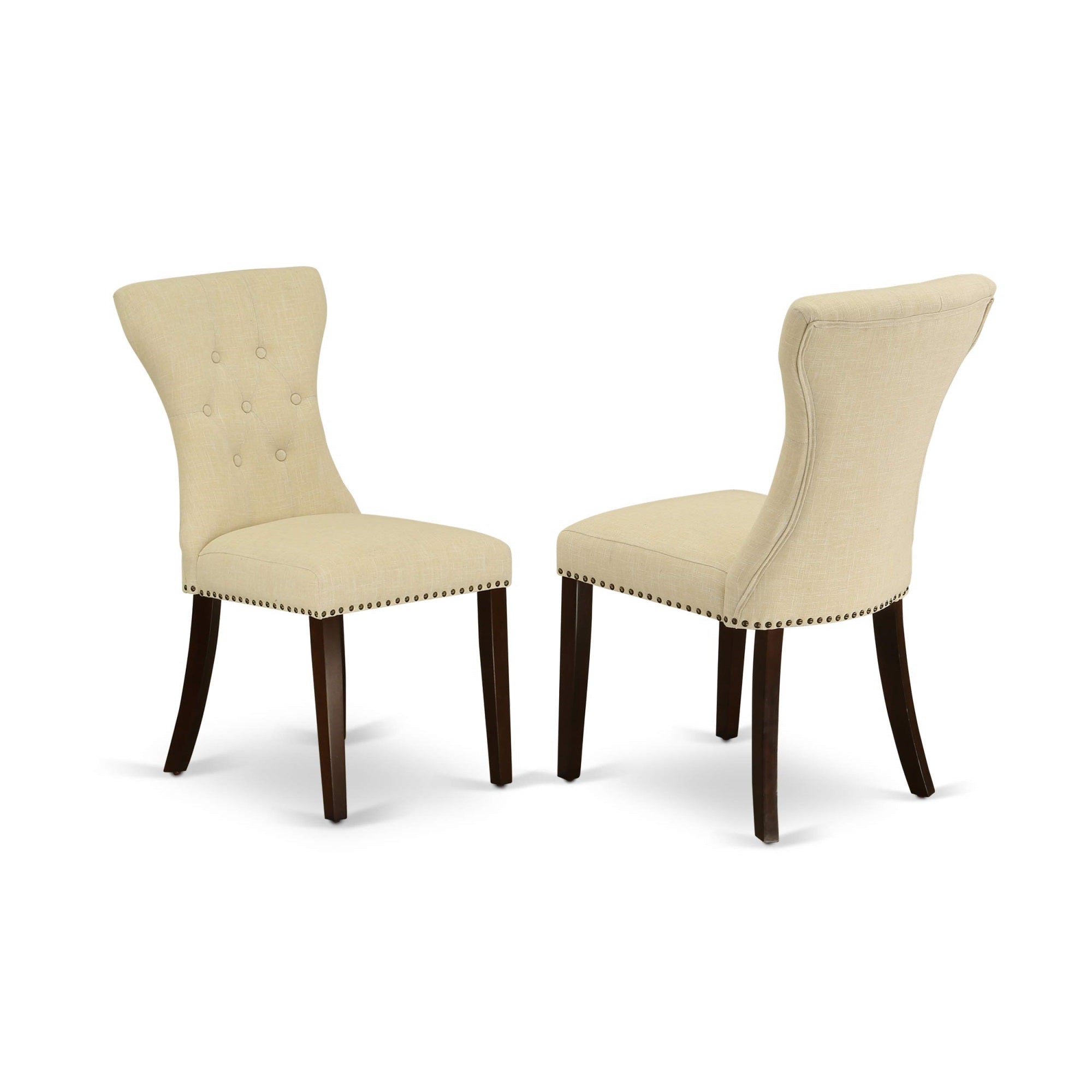 East West Furniture Gap3T32 Gallatin Parsons Dining Chairs - Button Tufted Nailhead Trim Light Beige Linen Fabric Padded Chairs, Set Of 2, Mahogany