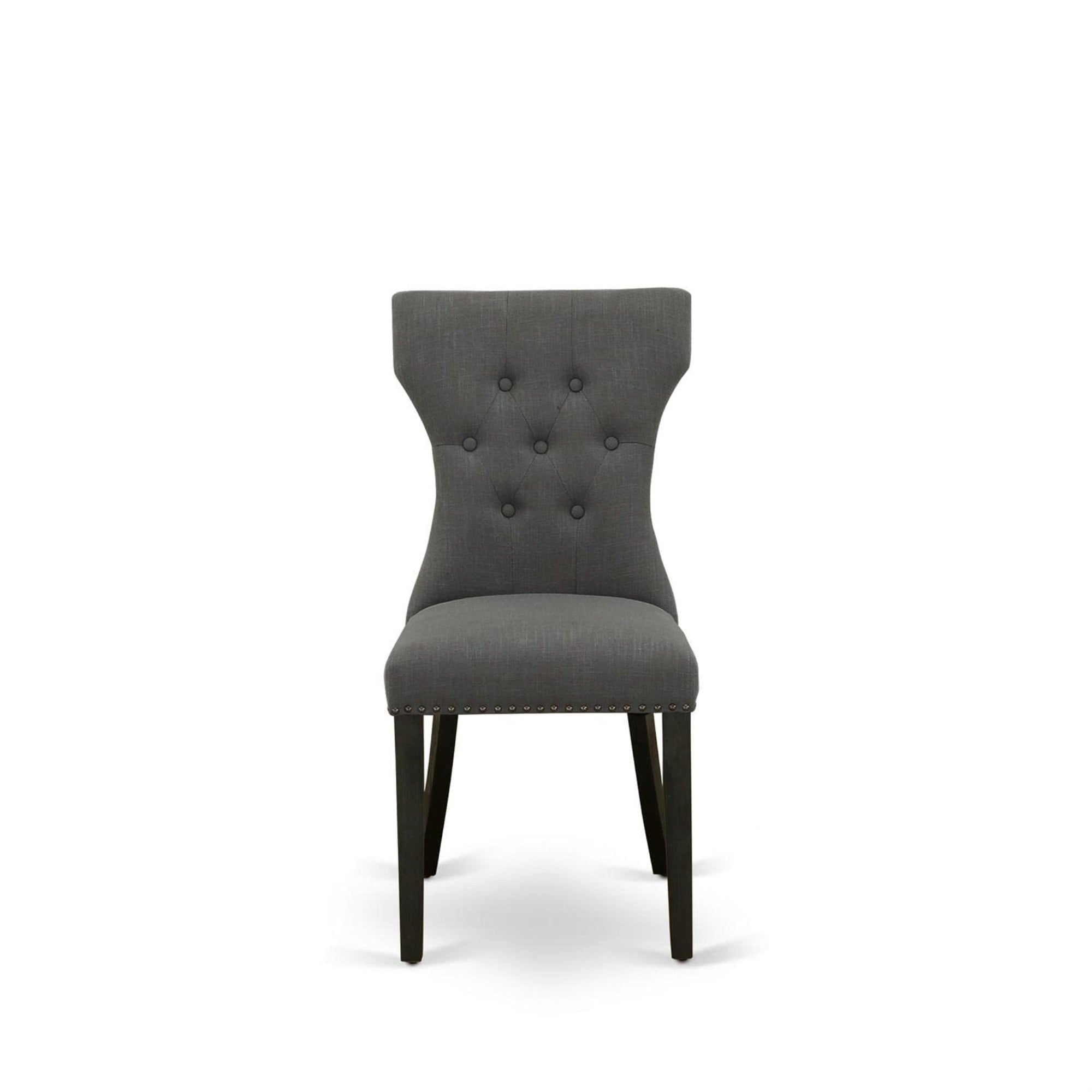 East West Furniture Gap6T50 Gallatin Parson Chairs - Button Tufted Nailhead Trim Dark Gotham Linen Fabric Upholstered Dining Chairs, Set Of 2, Wirebrushed Black