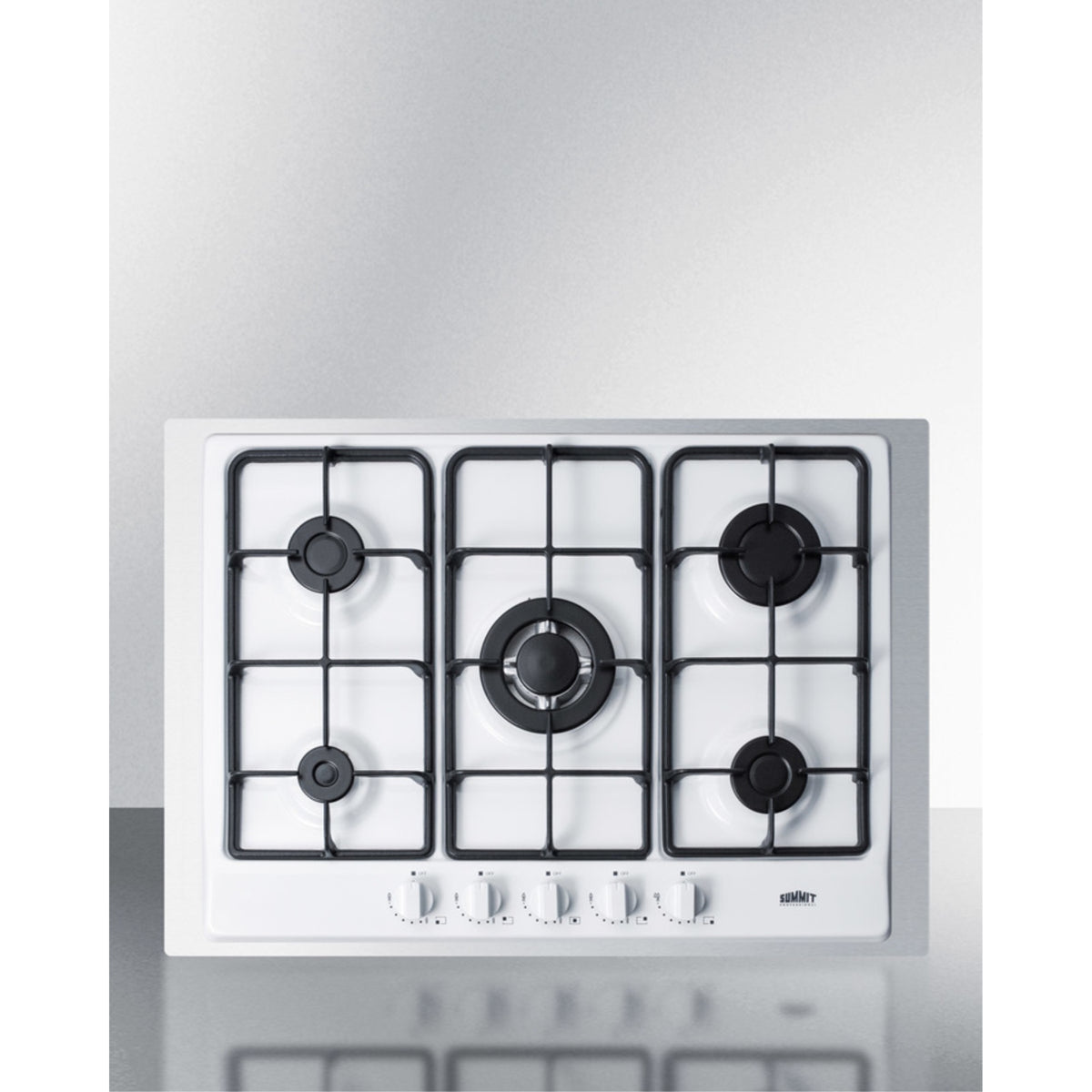 5-Burner Gas Cooktop Made In Italy In White Finish With Sealed Burners, Cast Iron Grates, Wok Stand, And Stainless Steel Frame T