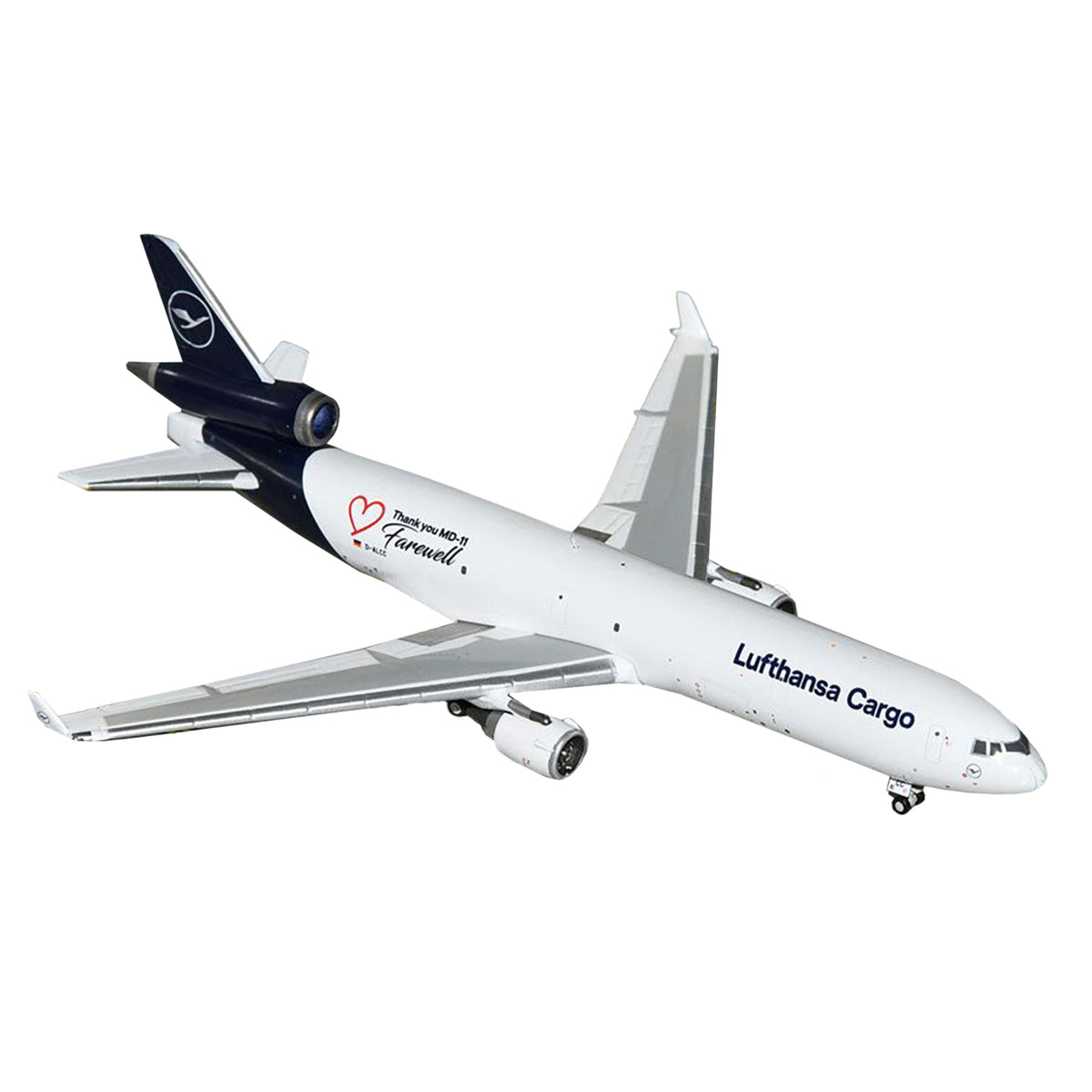 Mcdonnell Douglas Md-11F Commercial Aircraft 'Lufthansa Cargo - Farewell To Md-11' (D-Alcc) White With Dark Blue 1/400 Diecast Model Airplane By Geminijets